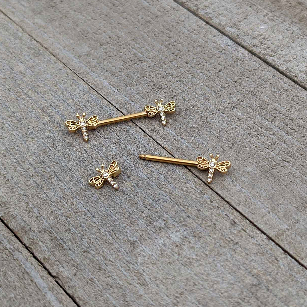 BodyCandy 14G 9/16 Clear Gem Gold Tone Flying Dragonfly Nipple Ring Set — alternative angle