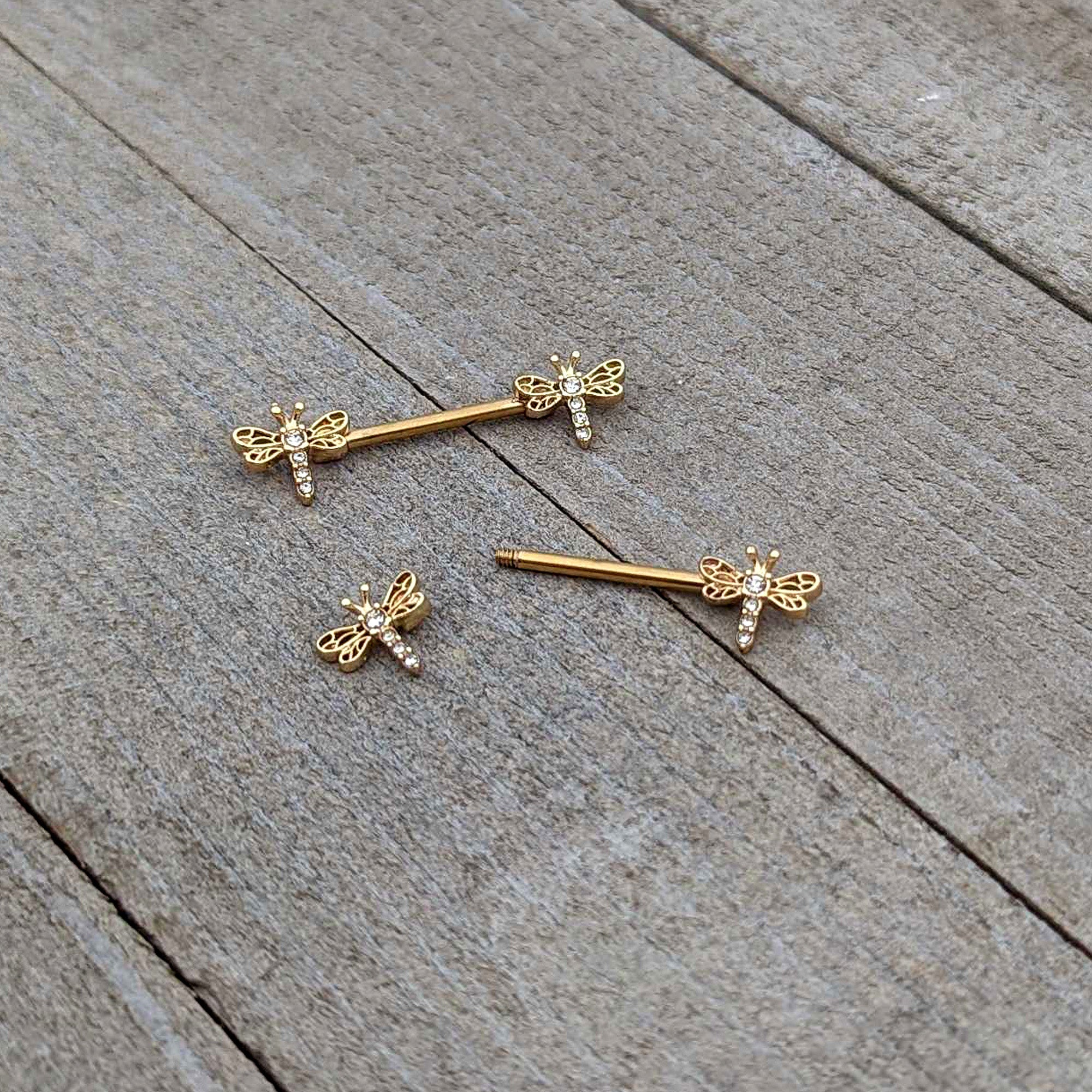 BodyCandy 14G 9/16 Clear Gem Gold Tone Flying Dragonfly Nipple Ring Set — alternative angle
