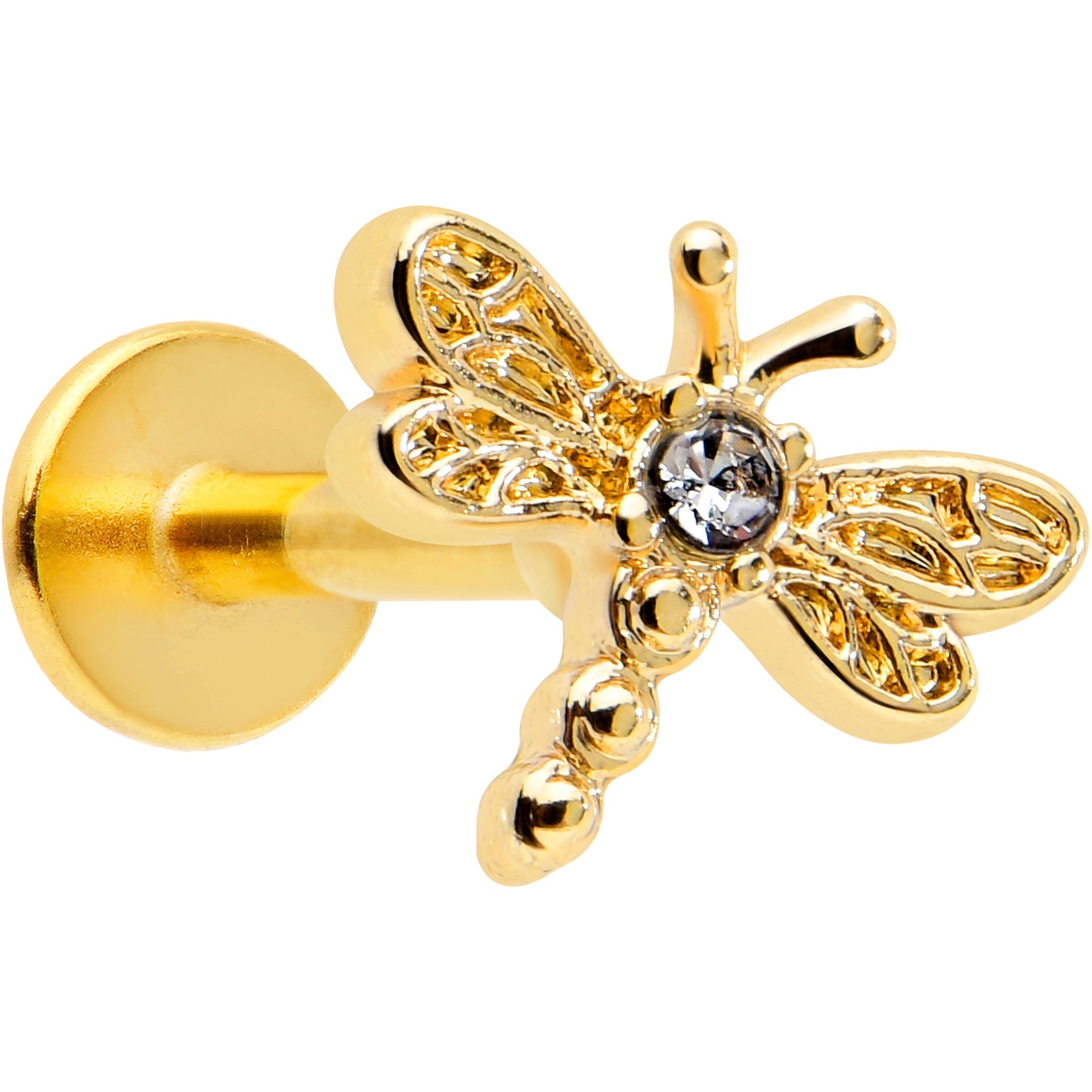 BodyCandy 16G 5/16 Clear Gem Gold Hue Flying Dragonfly Labret Monroe Tragus — main product shot