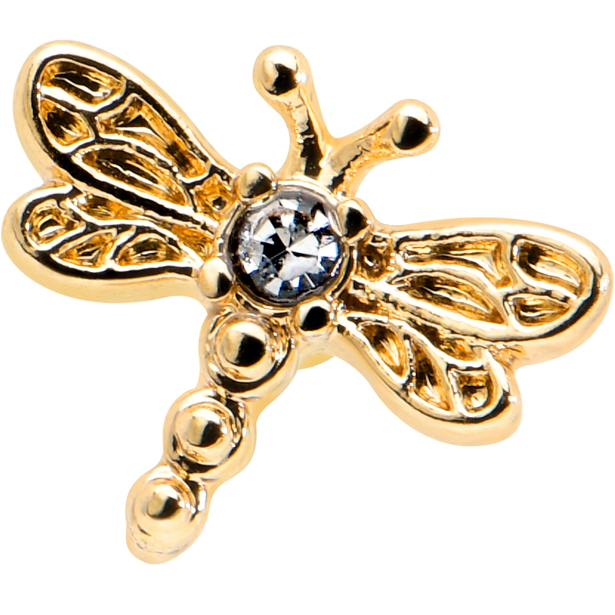 BodyCandy 16G 5/16 Clear Gem Gold Hue Flying Dragonfly Labret Monroe Tragus — detail close-up