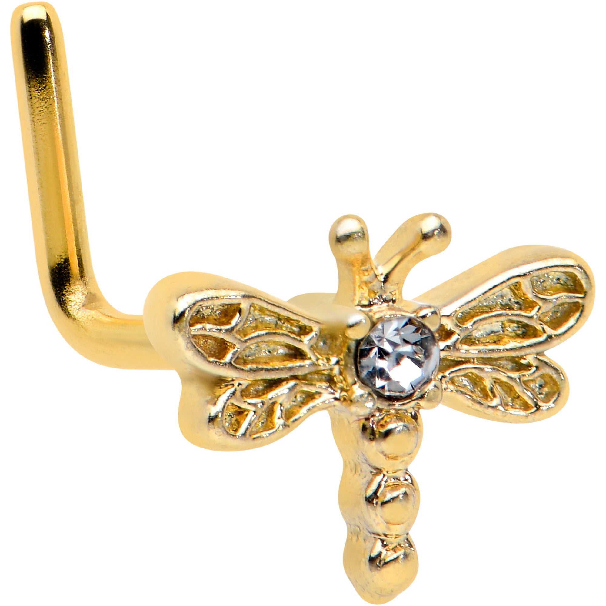BodyCandy 20G 7mm Clear Gem Gold Tone Flying Dragonfly L Shape Nose Ring — main product shot