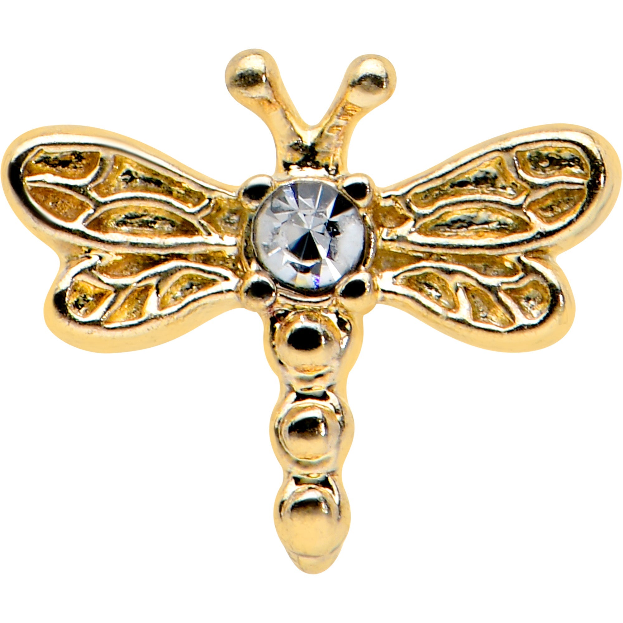 BodyCandy 20G 7mm Clear Gem Gold Tone Flying Dragonfly L Shape Nose Ring — detail close-up