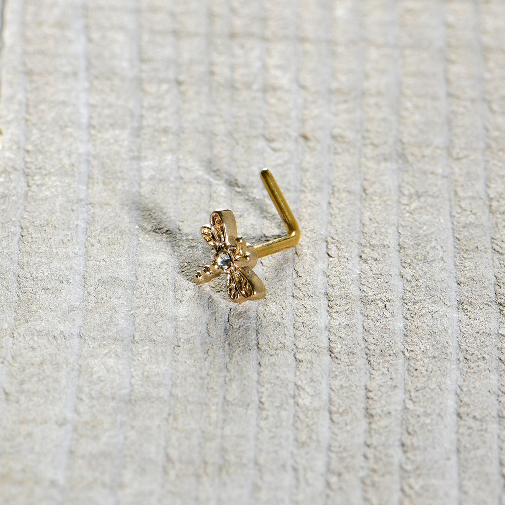 BodyCandy 20G 7mm Clear Gem Gold Tone Flying Dragonfly L Shape Nose Ring — in-use photo