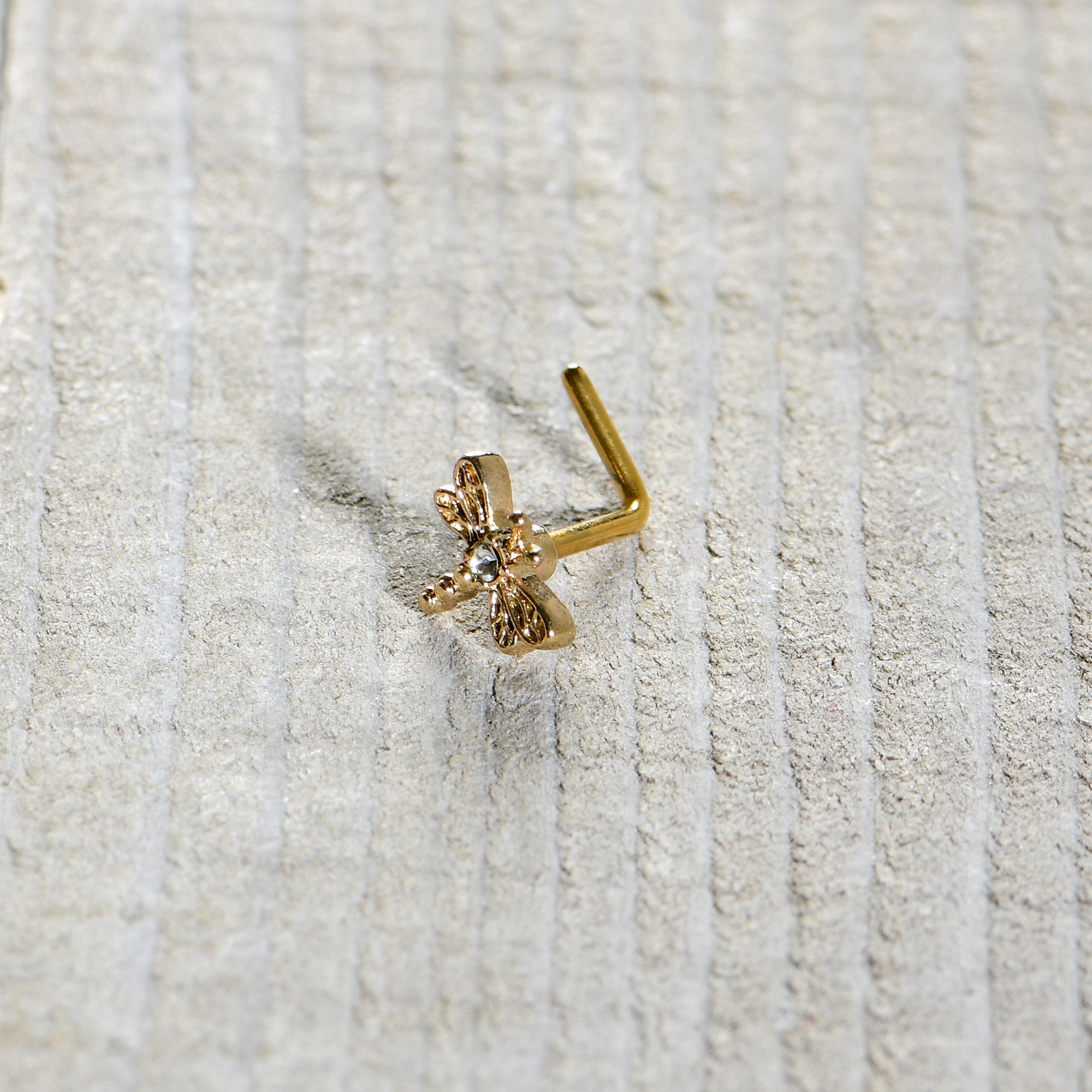 BodyCandy 20G 7mm Clear Gem Gold Tone Flying Dragonfly L Shape Nose Ring — in-use photo