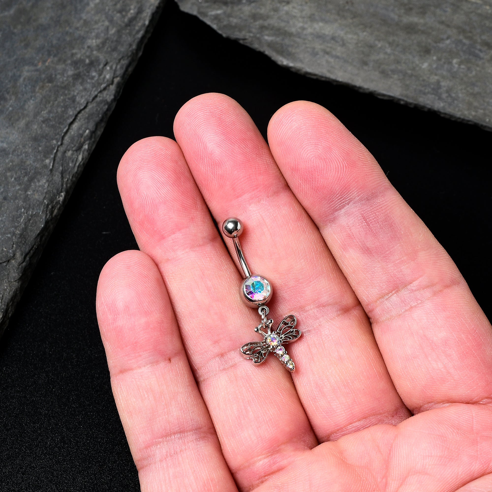 BodyCandy Aurora Gem Ornate Dragonfly Dangle Belly Ring — detail close-up