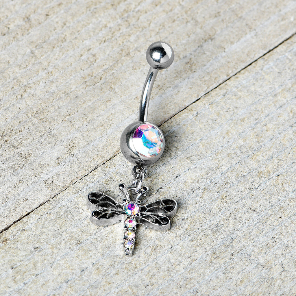 BodyCandy Aurora Gem Ornate Dragonfly Dangle Belly Ring — side view
