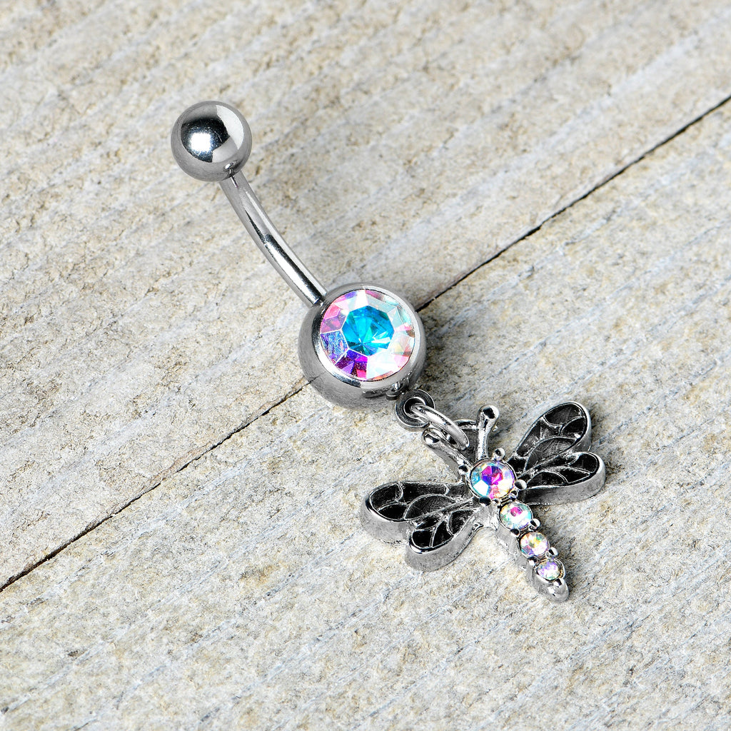 BodyCandy Aurora Gem Ornate Dragonfly Dangle Belly Ring — in-use photo