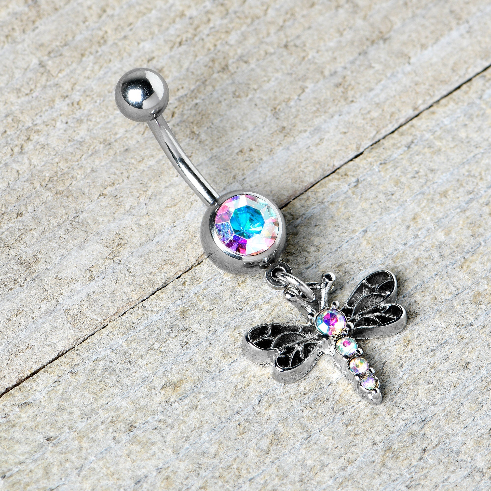 BodyCandy Aurora Gem Ornate Dragonfly Dangle Belly Ring — in-use photo