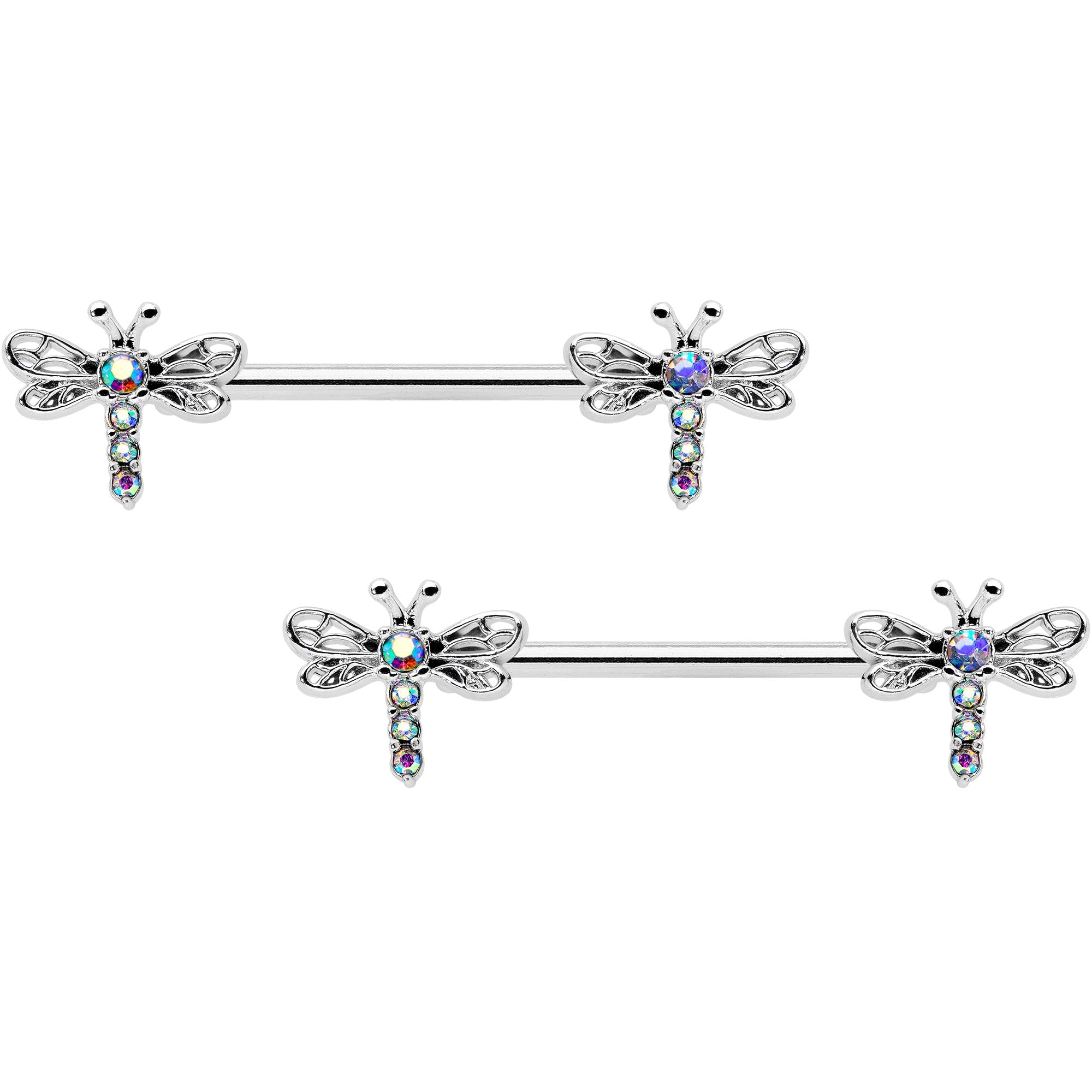 BodyCandy 14G 9/16 Aurora Gem Ornate Dragonflies Barbell Nipple Ring Set — main product shot