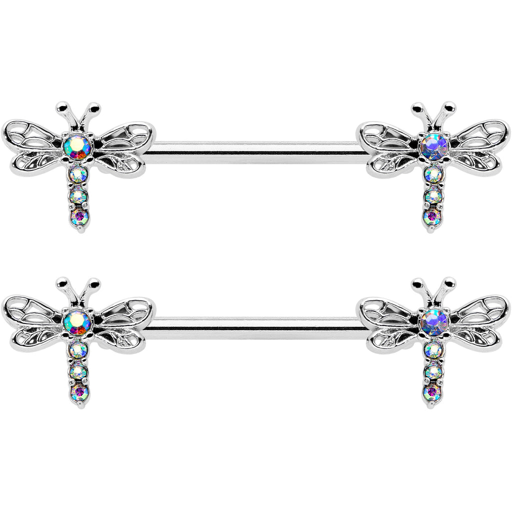 BodyCandy 14G 9/16 Aurora Gem Ornate Dragonflies Barbell Nipple Ring Set — detail close-up