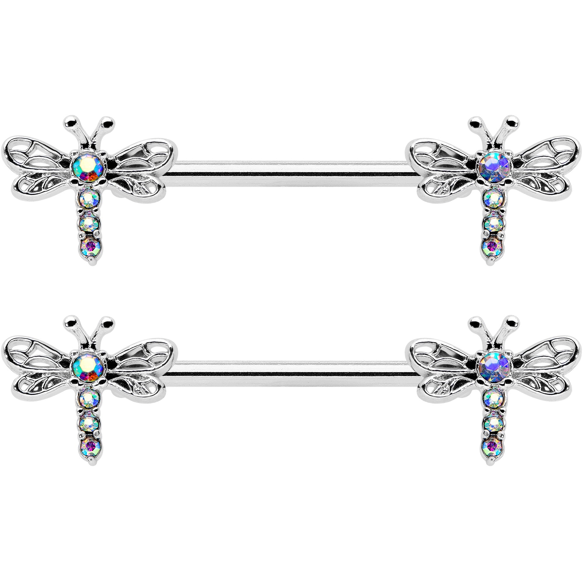 BodyCandy 14G 9/16 Aurora Gem Ornate Dragonflies Barbell Nipple Ring Set — detail close-up