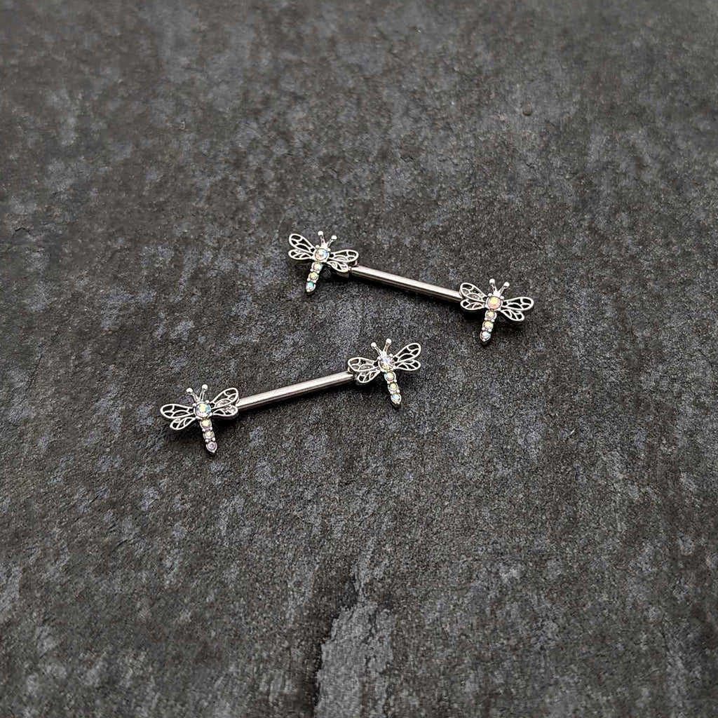 BodyCandy 14G 9/16 Aurora Gem Ornate Dragonflies Barbell Nipple Ring Set — side view