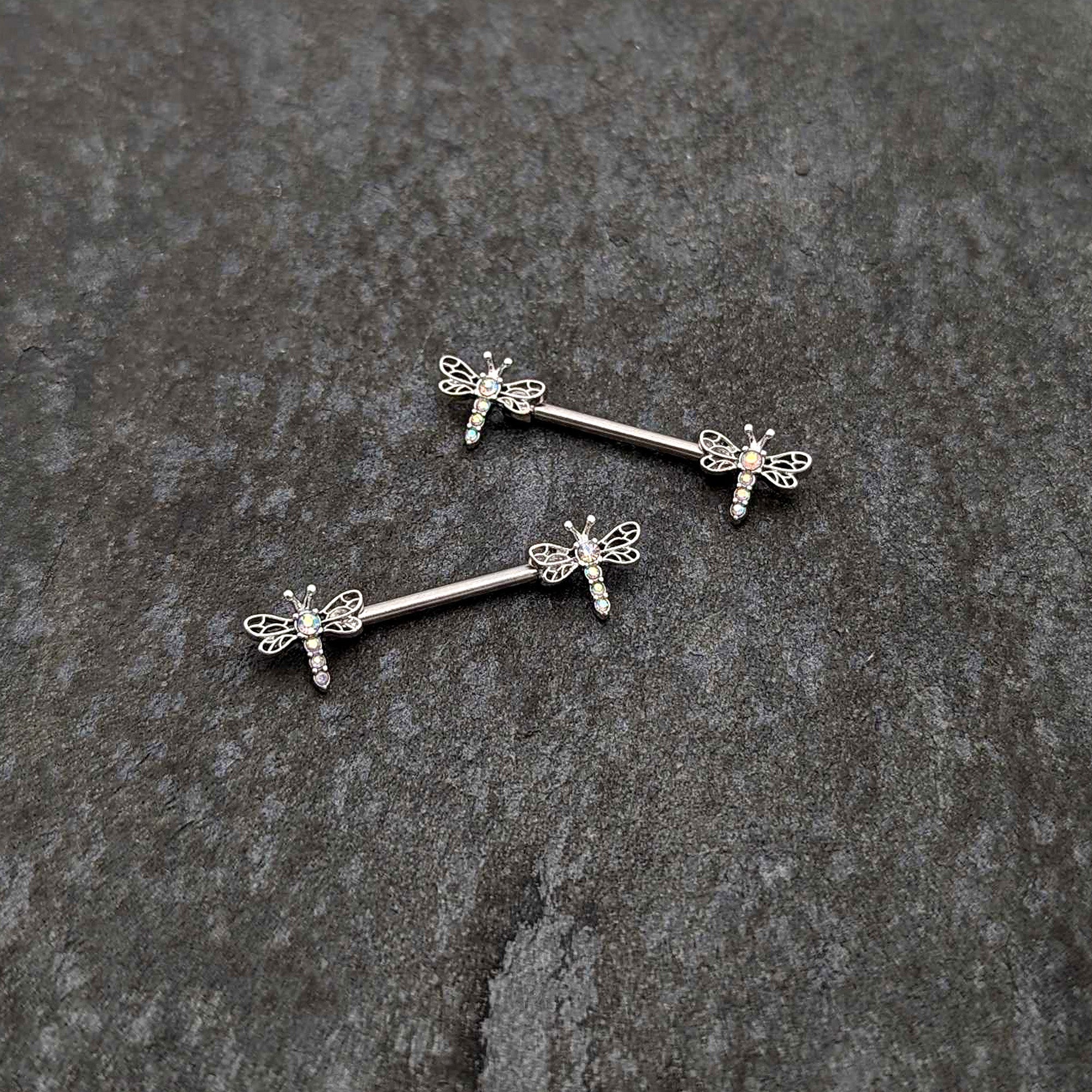 BodyCandy 14G 9/16 Aurora Gem Ornate Dragonflies Barbell Nipple Ring Set — side view