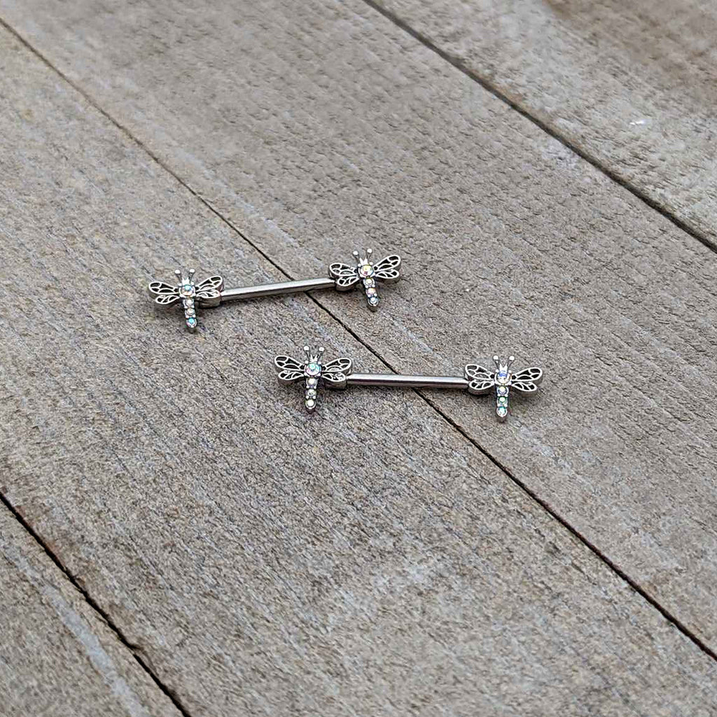 BodyCandy 14G 9/16 Aurora Gem Ornate Dragonflies Barbell Nipple Ring Set — back view