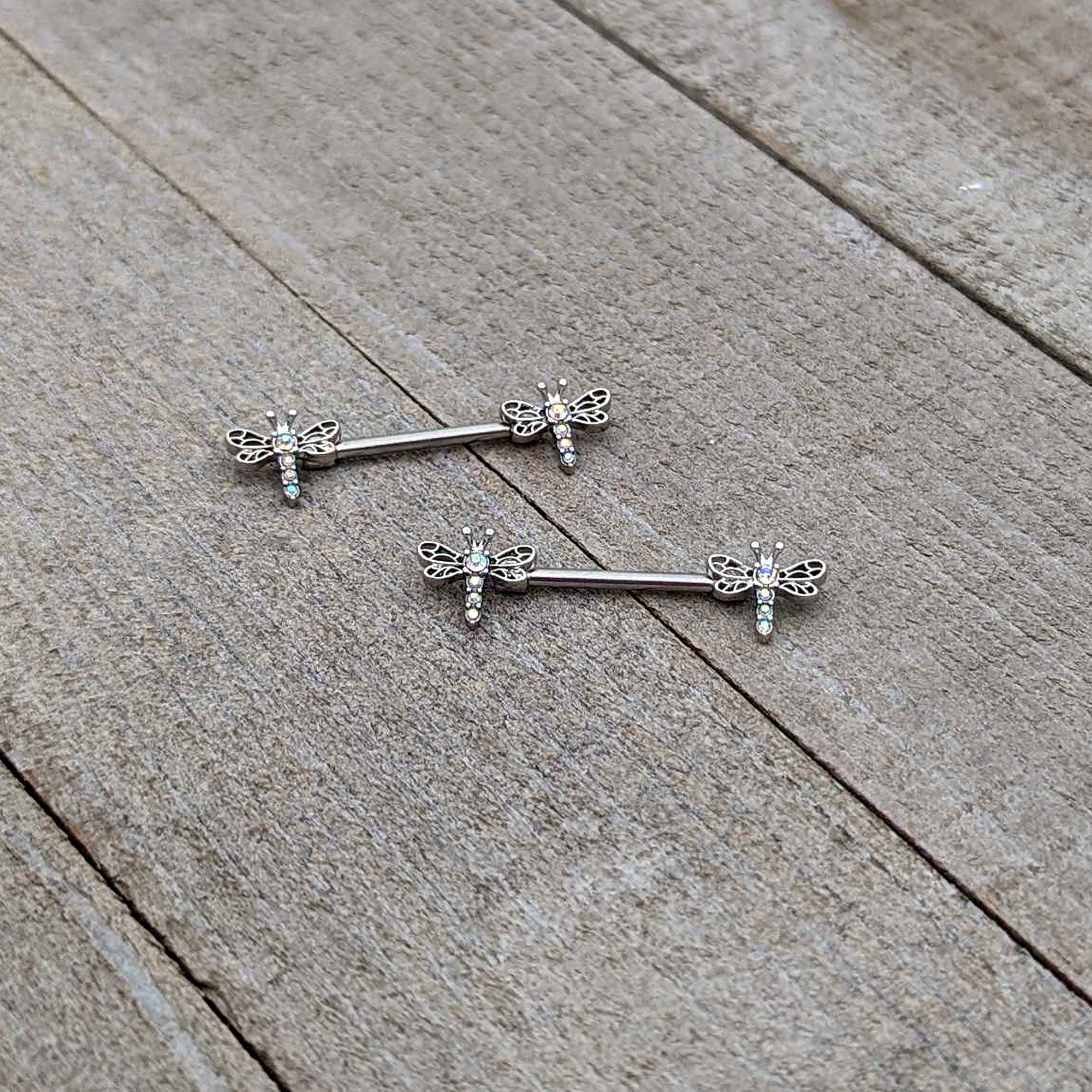 BodyCandy 14G 9/16 Aurora Gem Ornate Dragonflies Barbell Nipple Ring Set — back view