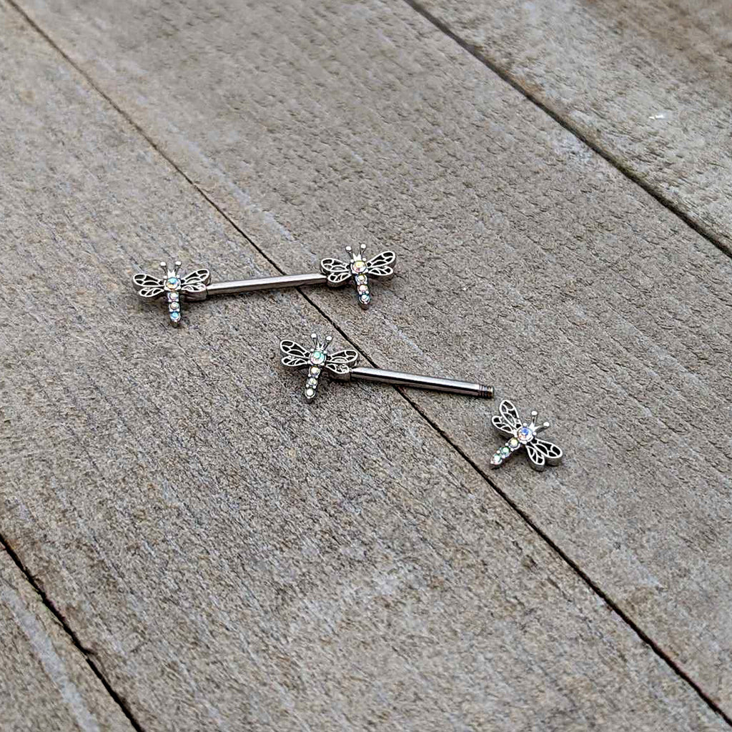 BodyCandy 14G 9/16 Aurora Gem Ornate Dragonflies Barbell Nipple Ring Set — alternative angle