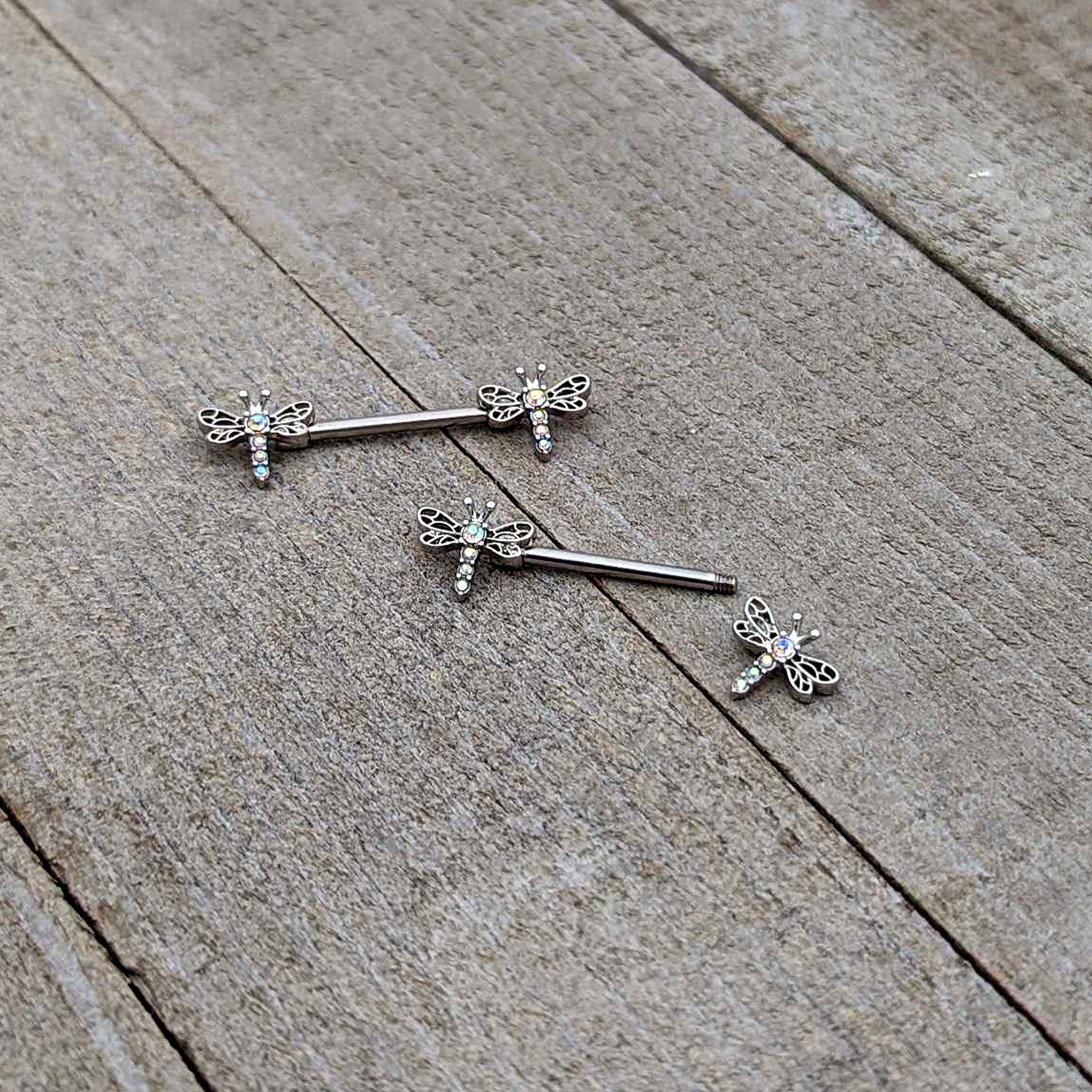 BodyCandy 14G 9/16 Aurora Gem Ornate Dragonflies Barbell Nipple Ring Set — alternative angle