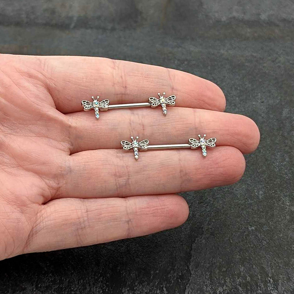 BodyCandy 14G 9/16 Aurora Gem Ornate Dragonflies Barbell Nipple Ring Set — in-use photo