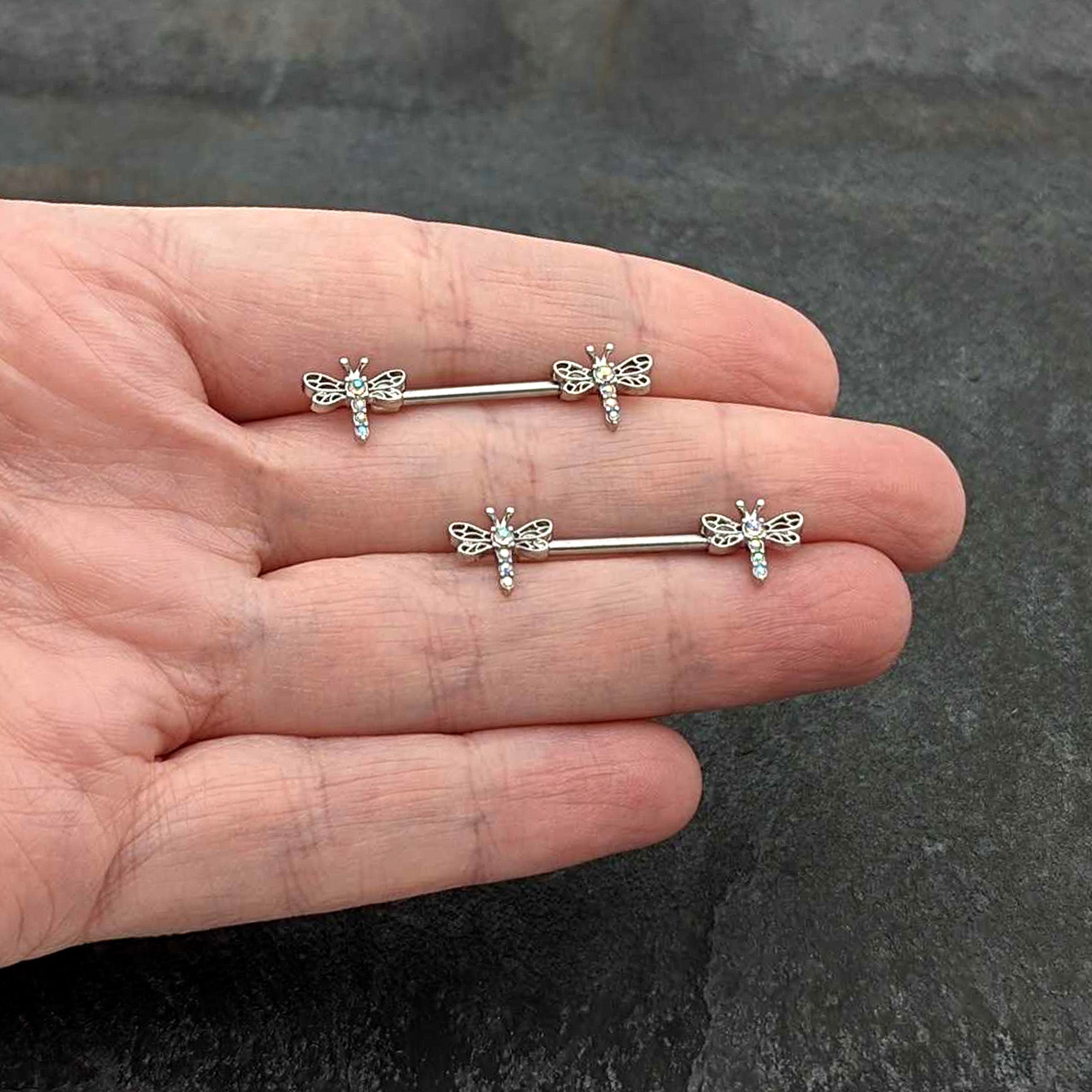BodyCandy 14G 9/16 Aurora Gem Ornate Dragonflies Barbell Nipple Ring Set — in-use photo