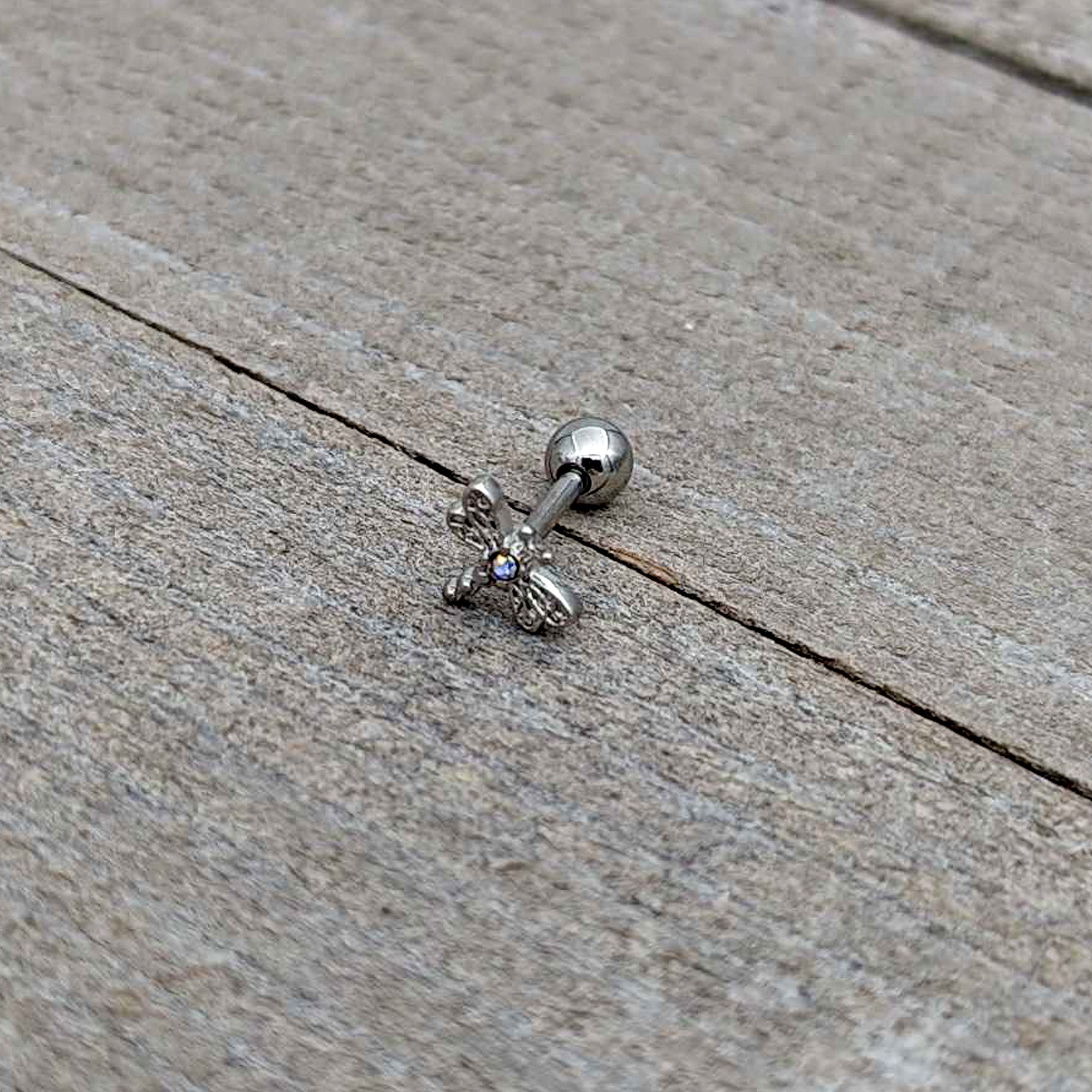BodyCandy 16G 1/4 Aurora Gem Ornate Dragonfly Cartilage Tragus Earring — in-use photo