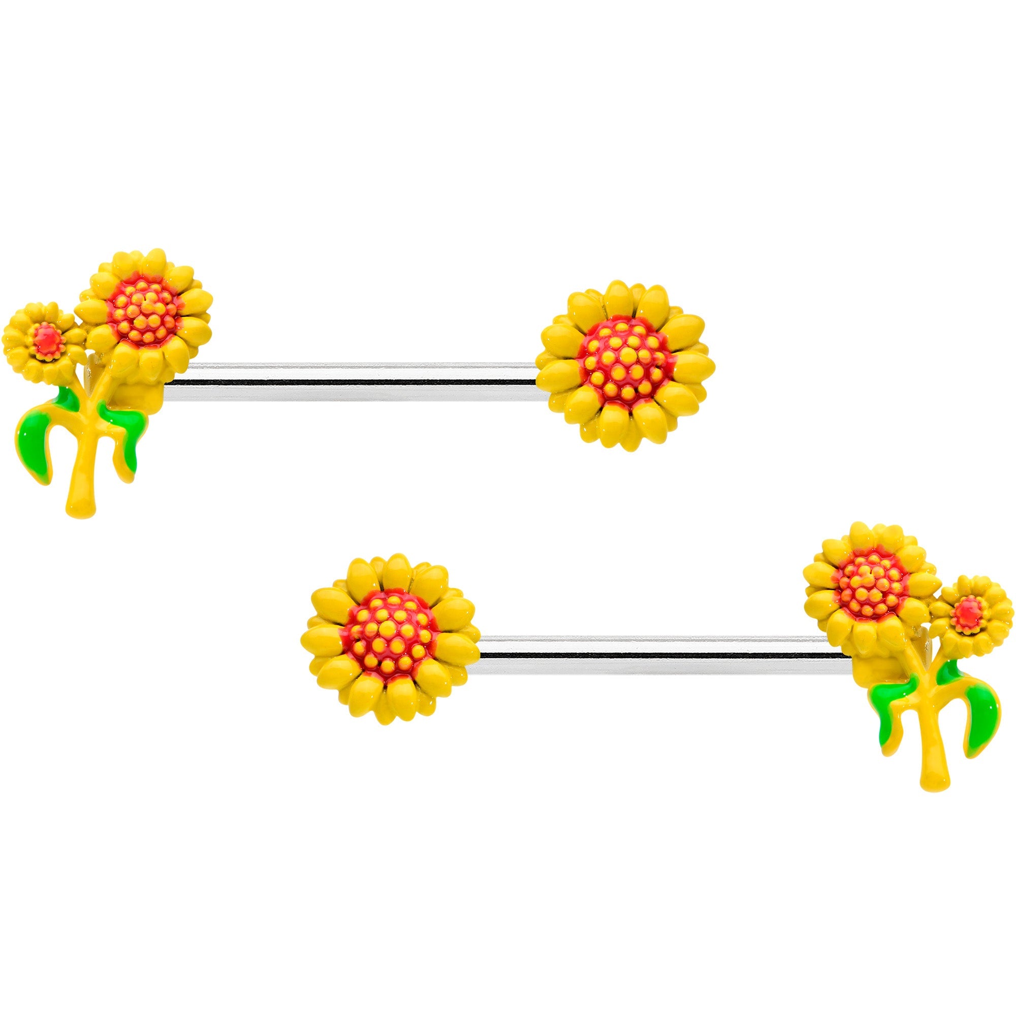 BodyCandy 14G 9/16 Happy Yellow Sunflower Trio Barbell Nipple Ring Set — main product shot