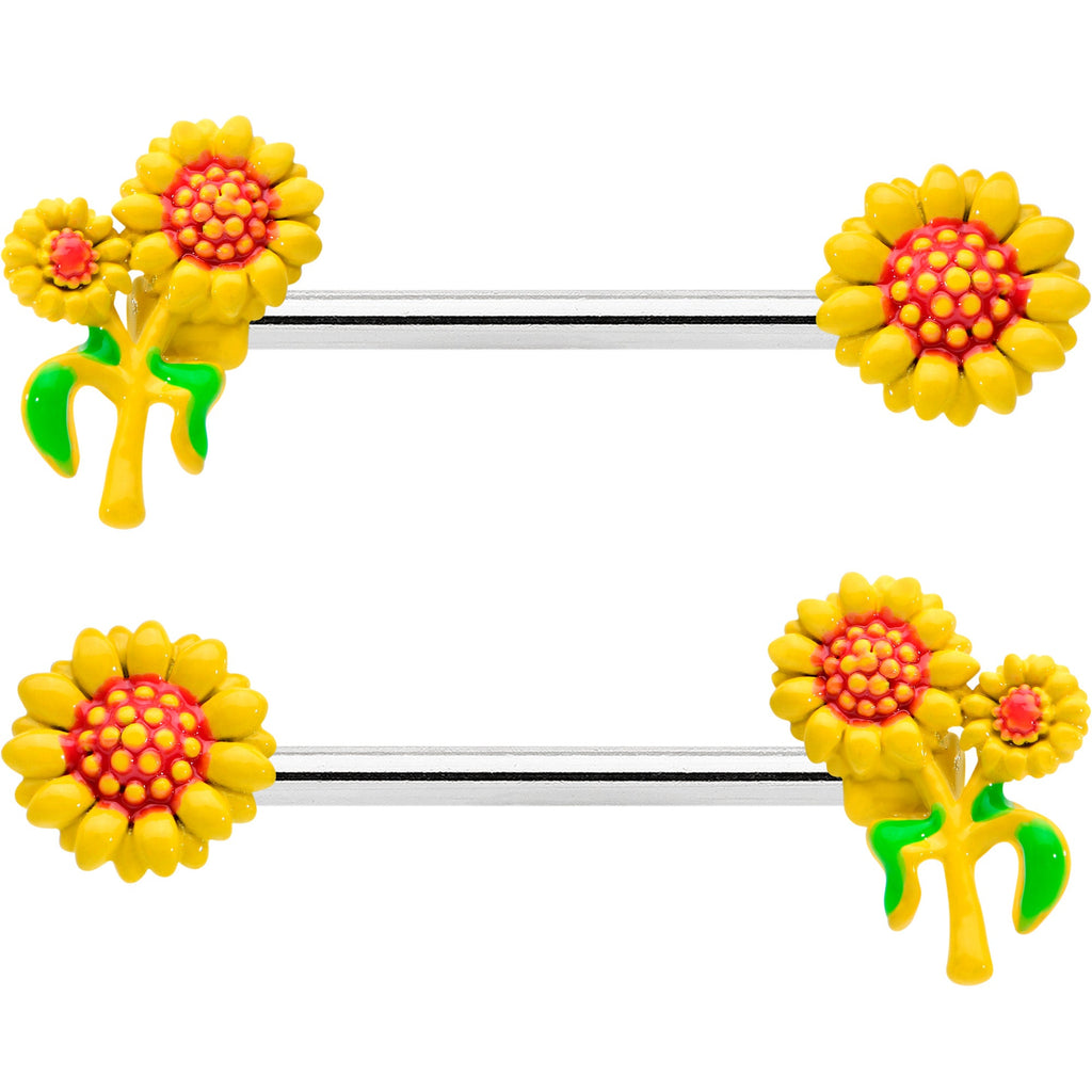 BodyCandy 14G 9/16 Happy Yellow Sunflower Trio Barbell Nipple Ring Set — detail close-up
