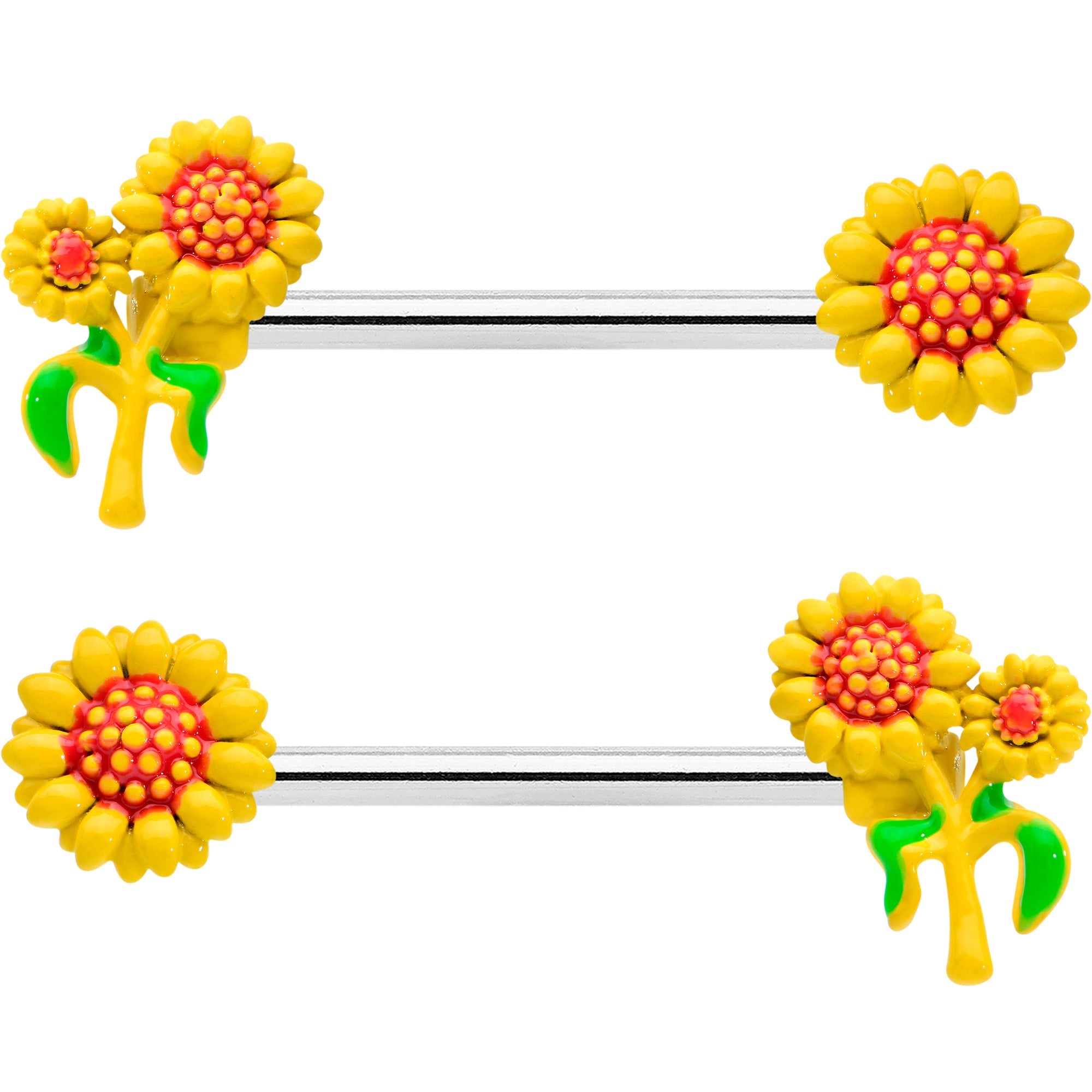 BodyCandy 14G 9/16 Happy Yellow Sunflower Trio Barbell Nipple Ring Set — detail close-up