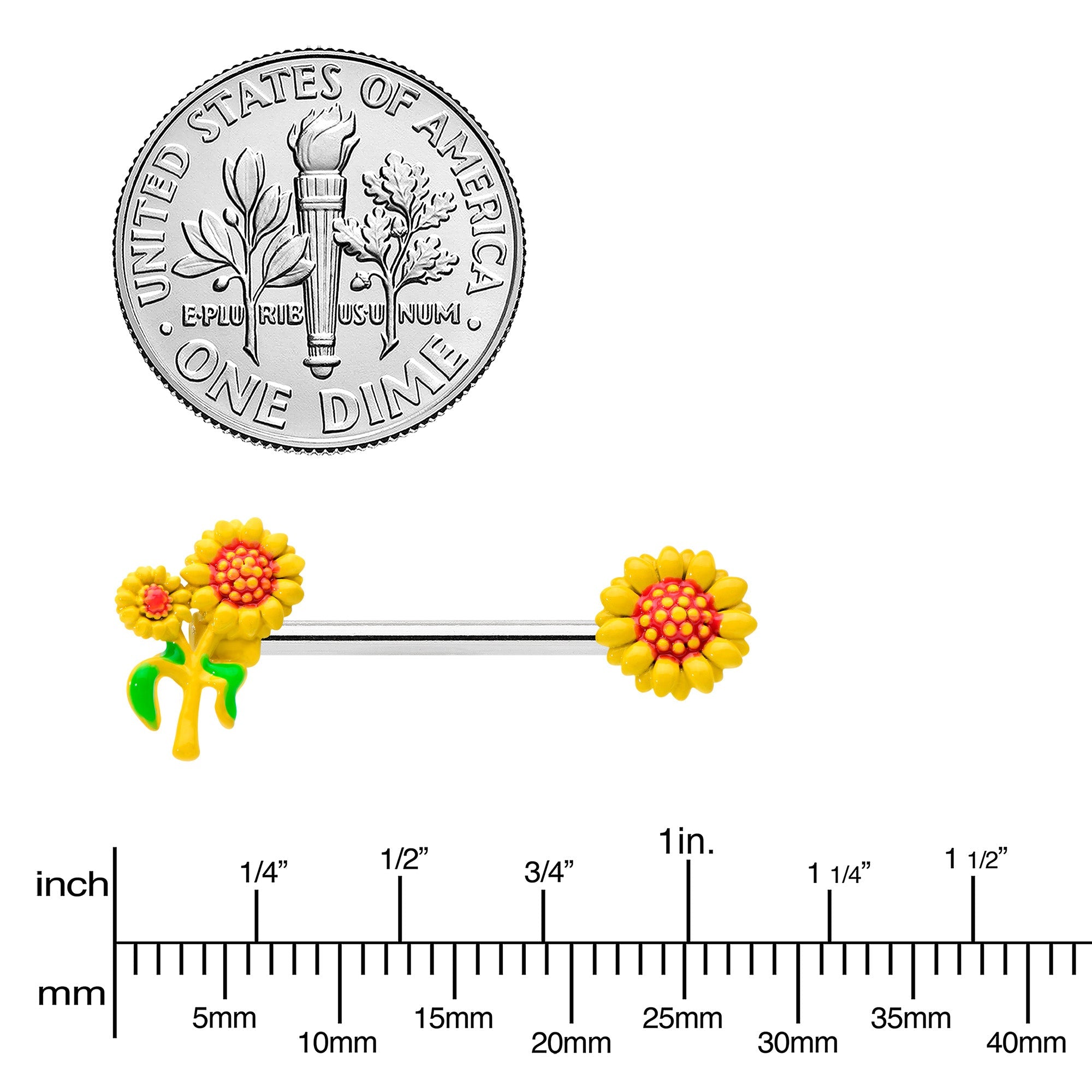 BodyCandy 14G 9/16 Happy Yellow Sunflower Trio Barbell Nipple Ring Set — lifestyle context