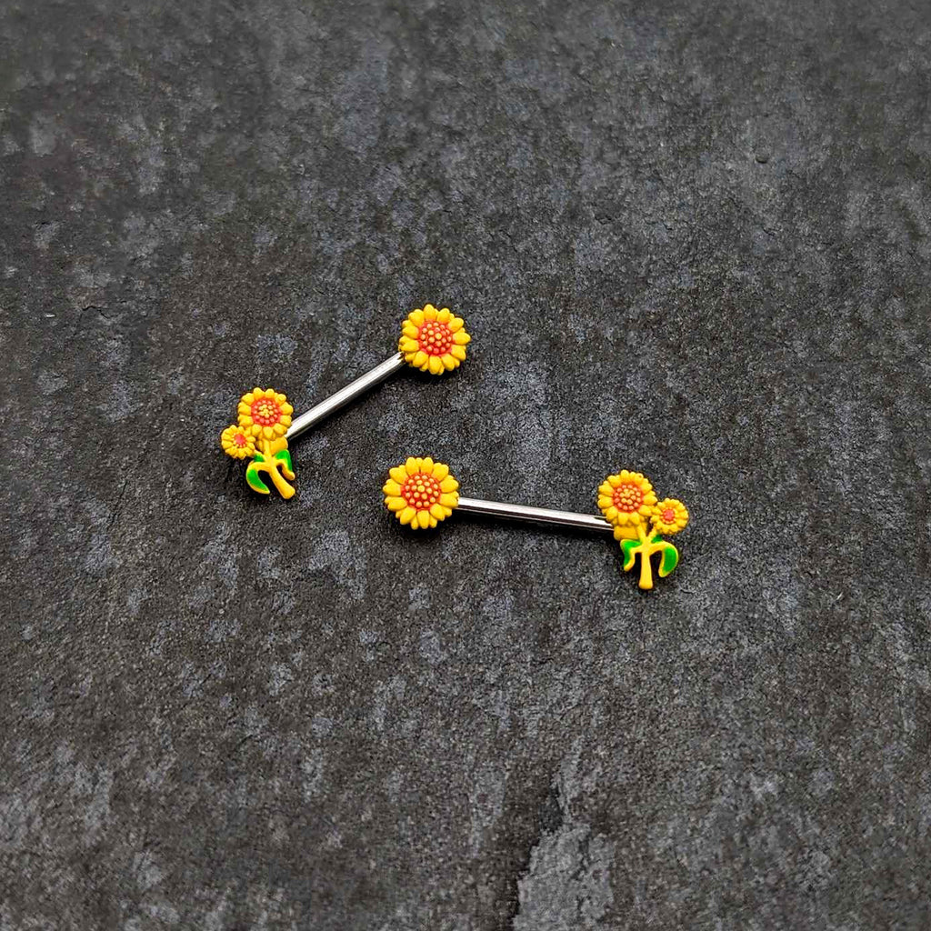 BodyCandy 14G 9/16 Happy Yellow Sunflower Trio Barbell Nipple Ring Set — side view