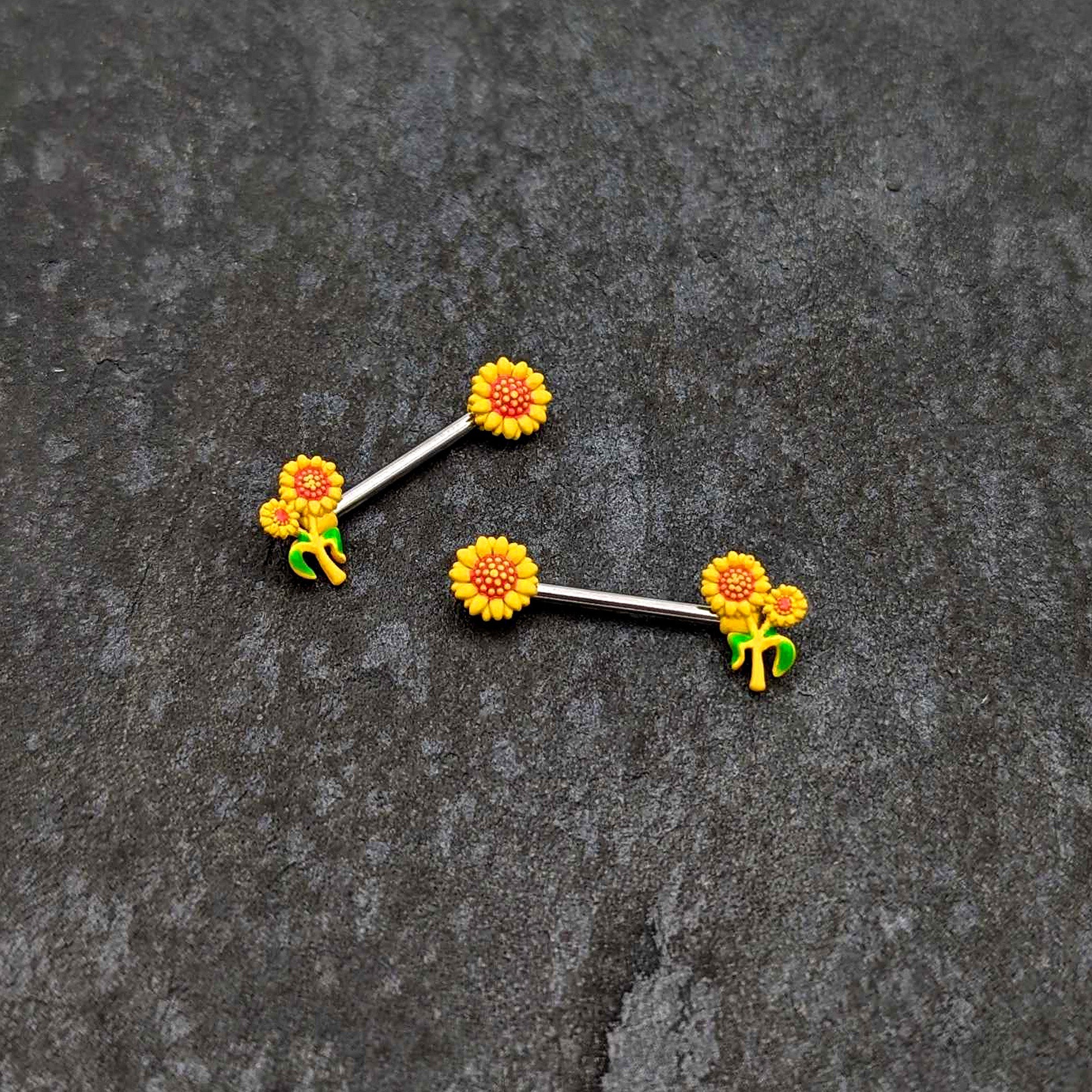 BodyCandy 14G 9/16 Happy Yellow Sunflower Trio Barbell Nipple Ring Set — side view