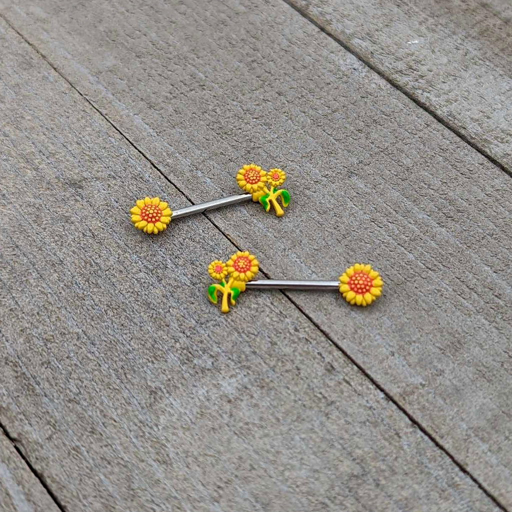 BodyCandy 14G 9/16 Happy Yellow Sunflower Trio Barbell Nipple Ring Set — back view