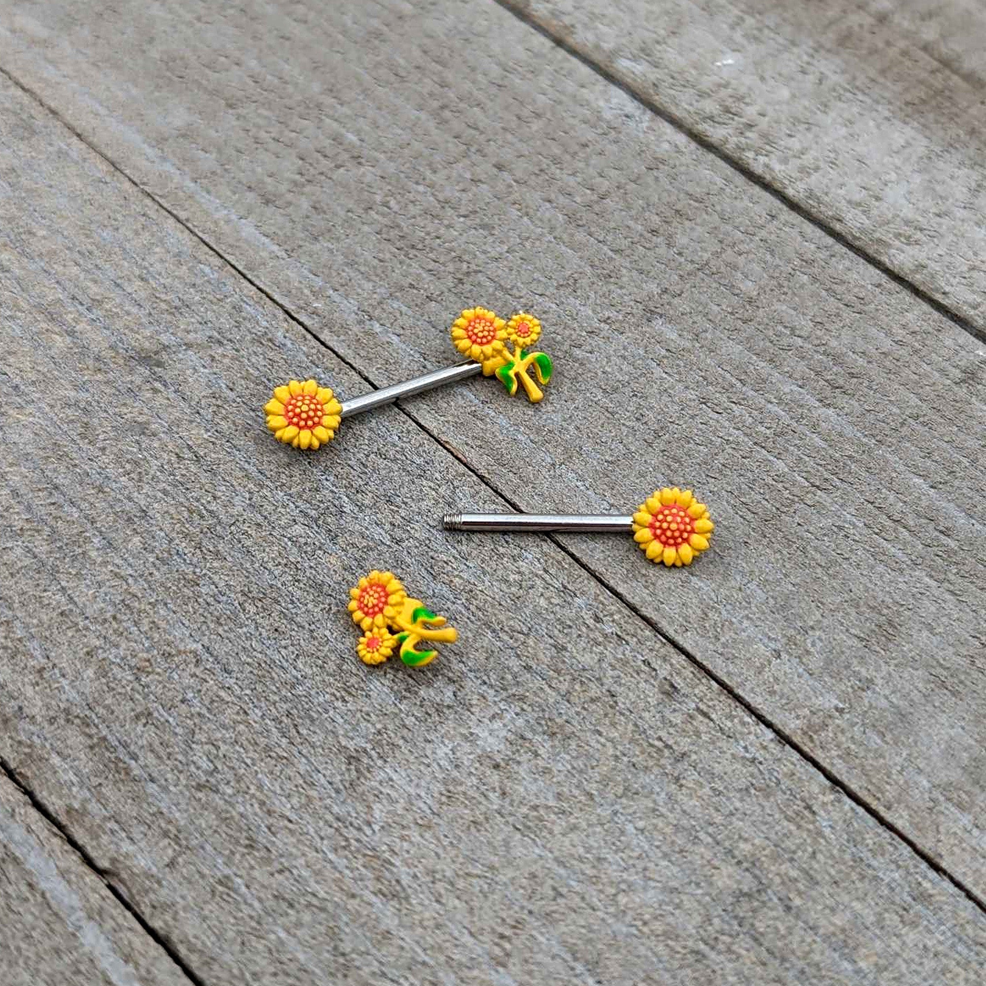 BodyCandy 14G 9/16 Happy Yellow Sunflower Trio Barbell Nipple Ring Set — alternative angle