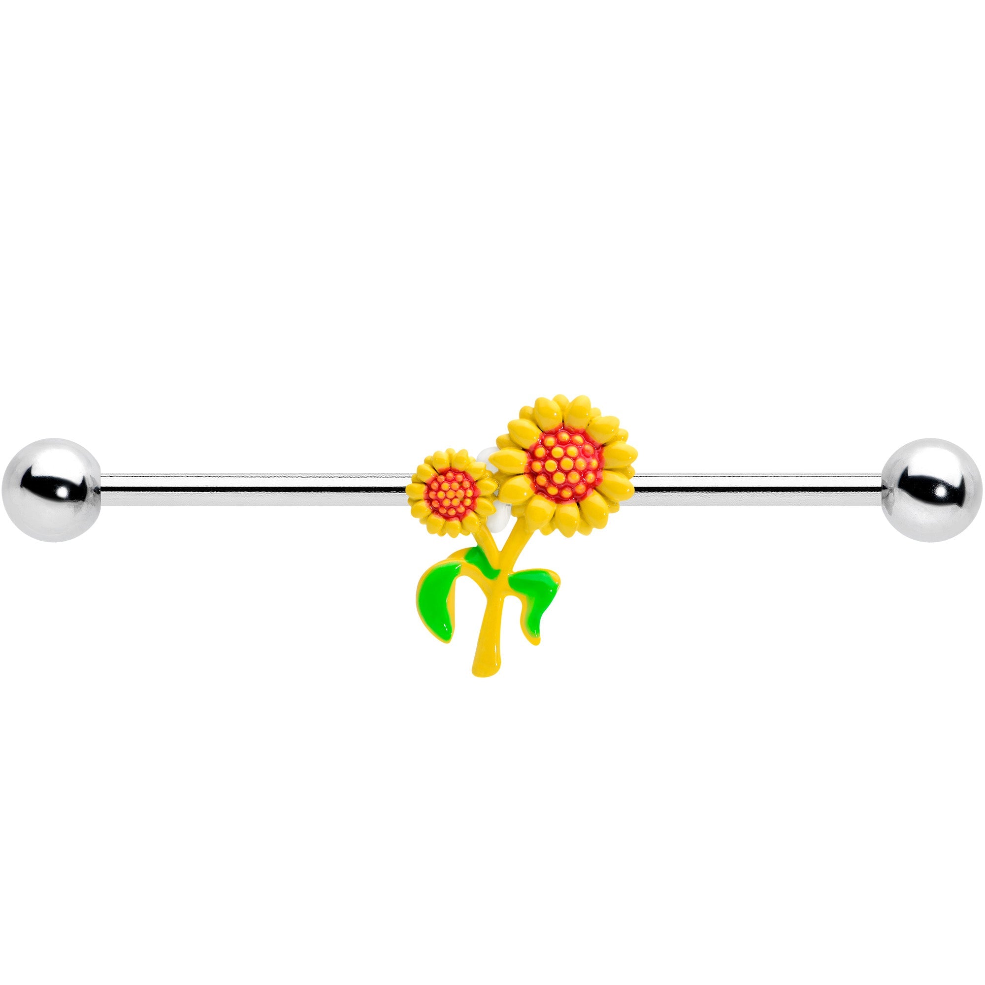 BodyCandy 14G Happy Sunflower Duo Industrial Barbell 38mm — detail close-up