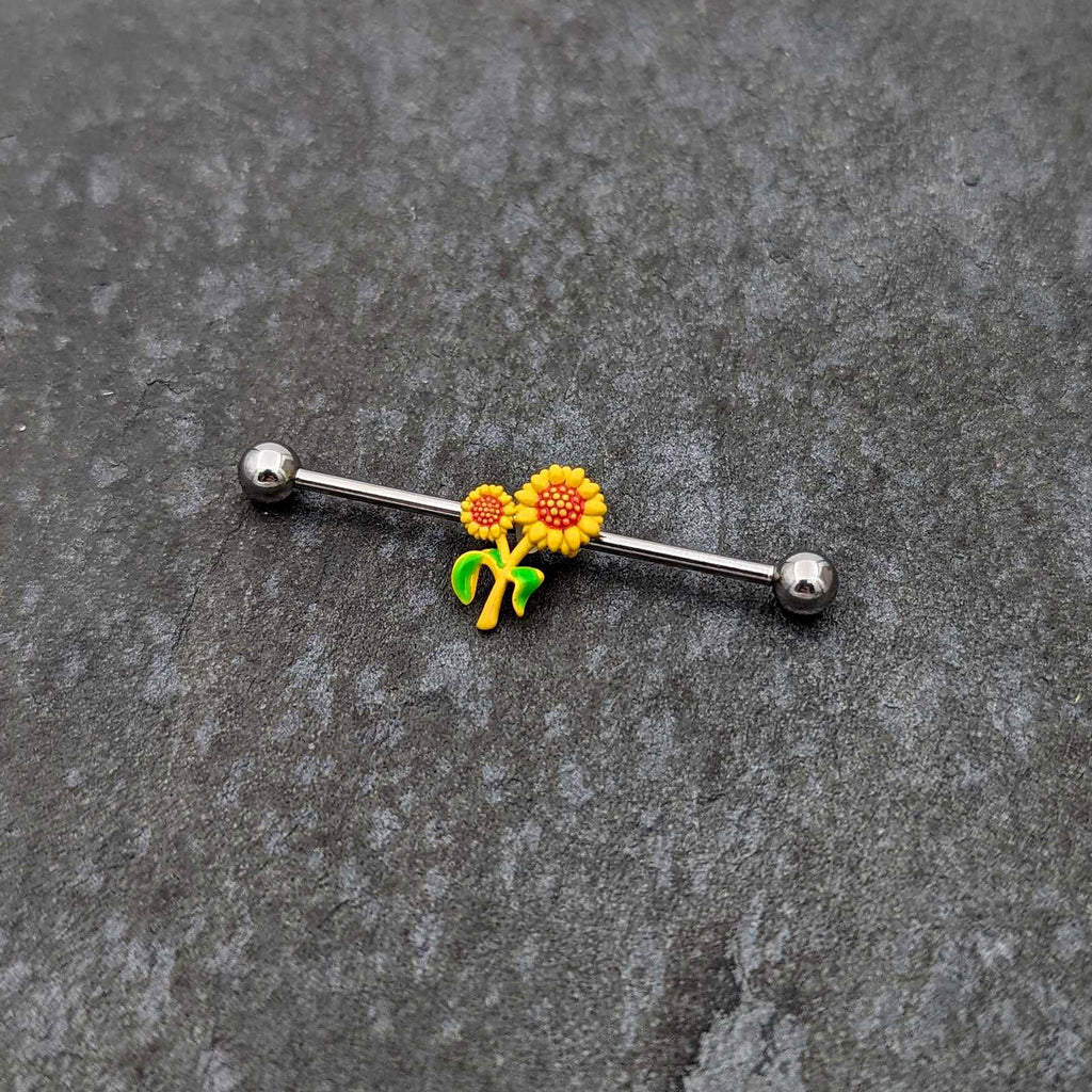 BodyCandy 14G Happy Sunflower Duo Industrial Barbell 38mm — side view