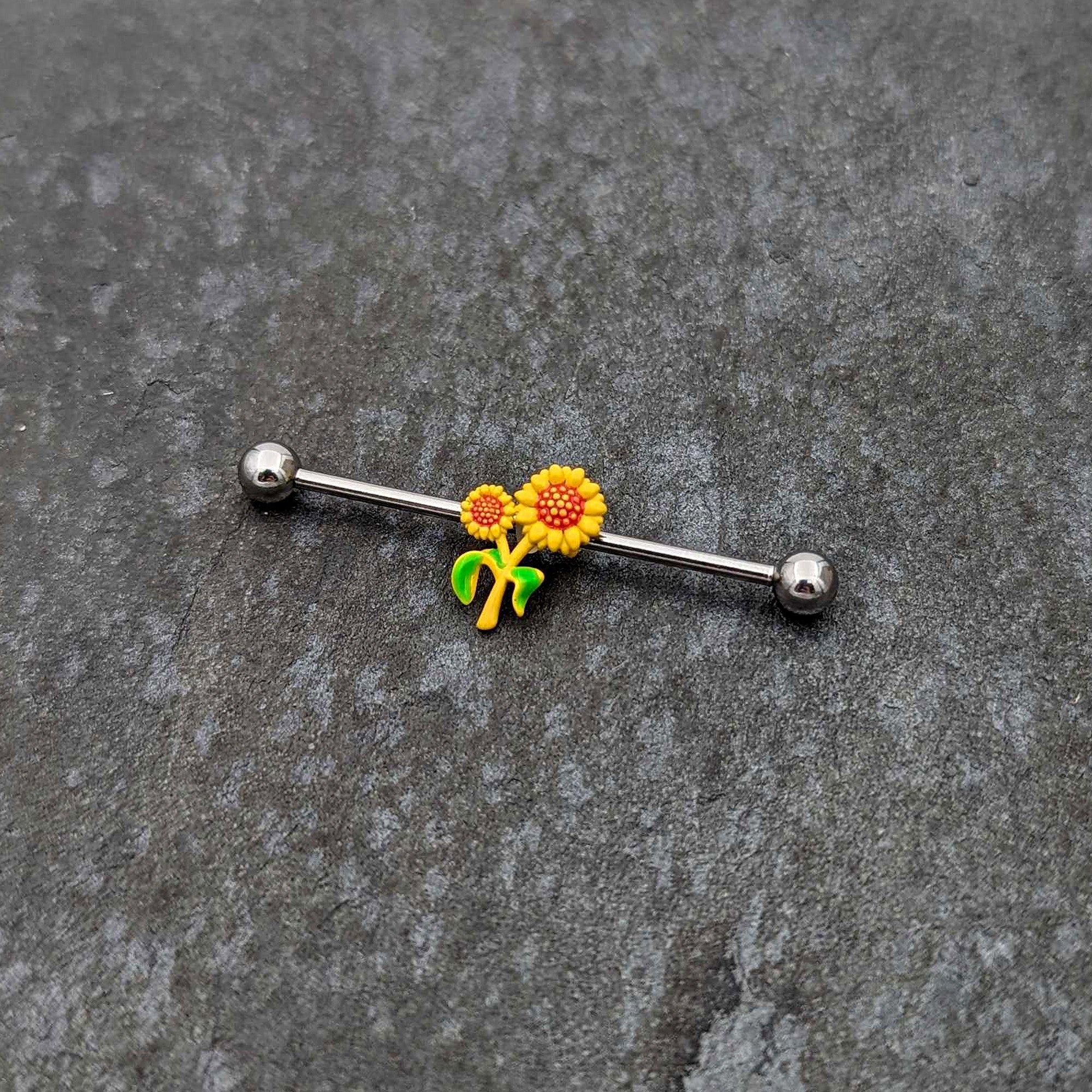 BodyCandy 14G Happy Sunflower Duo Industrial Barbell 38mm — side view