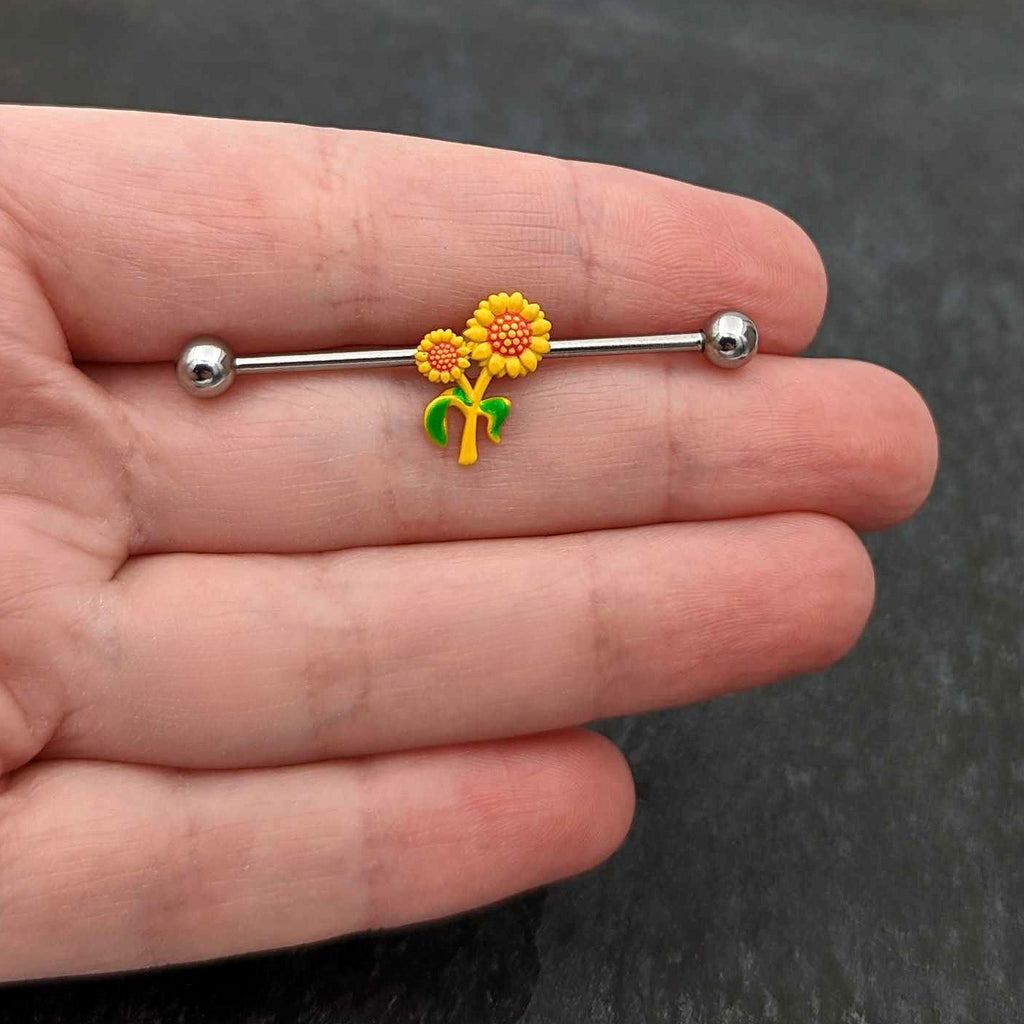 BodyCandy 14G Happy Sunflower Duo Industrial Barbell 38mm — in-use photo