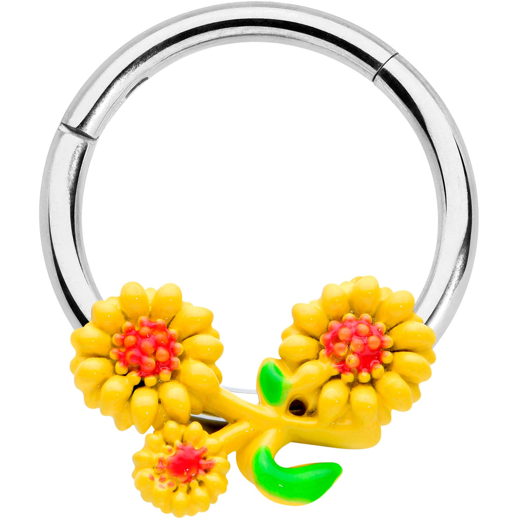 BodyCandy 16G 3/8 Happy Yellow Sunflower Trio Hinged Segment Ring — main product shot