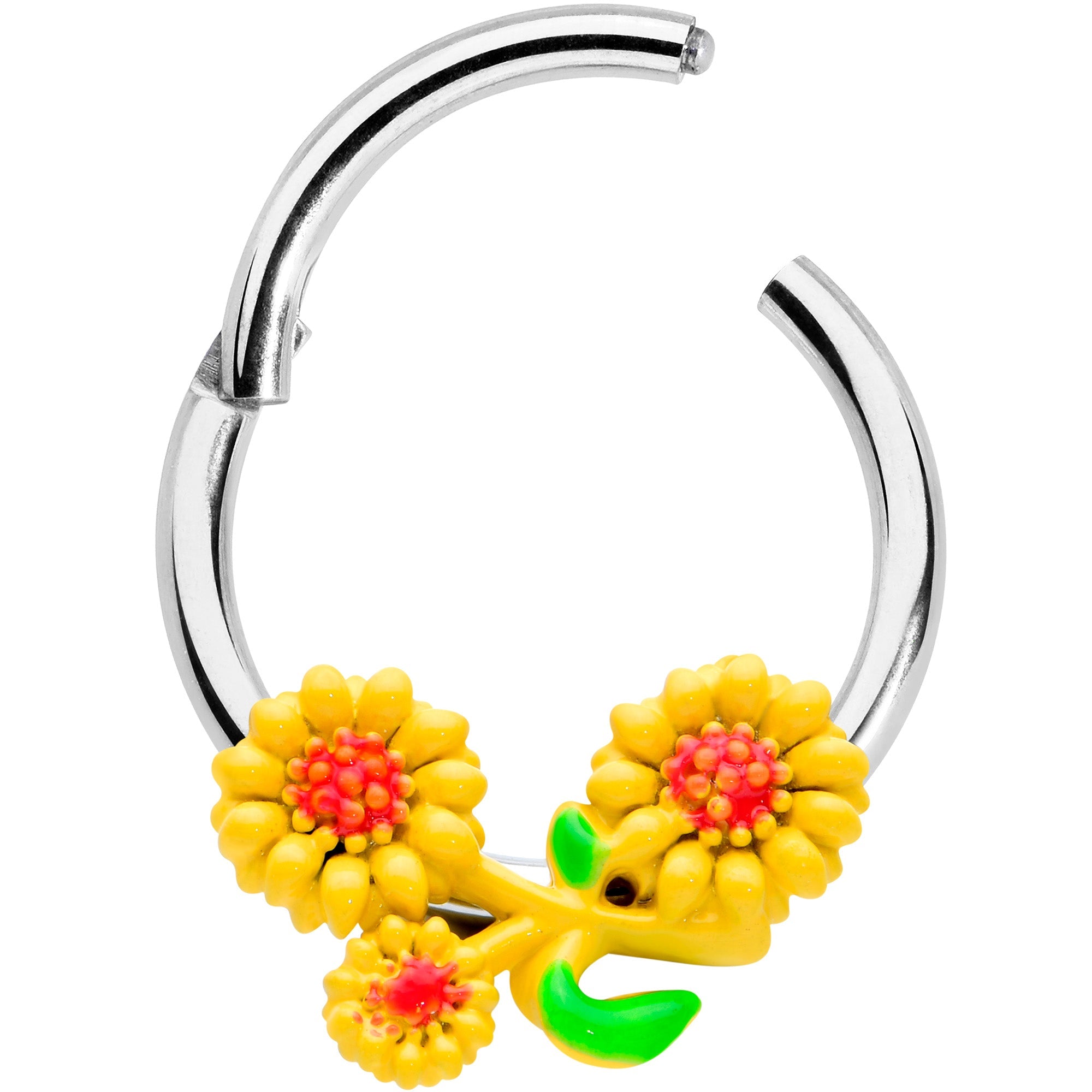 BodyCandy 16G 3/8 Happy Yellow Sunflower Trio Hinged Segment Ring — detail close-up