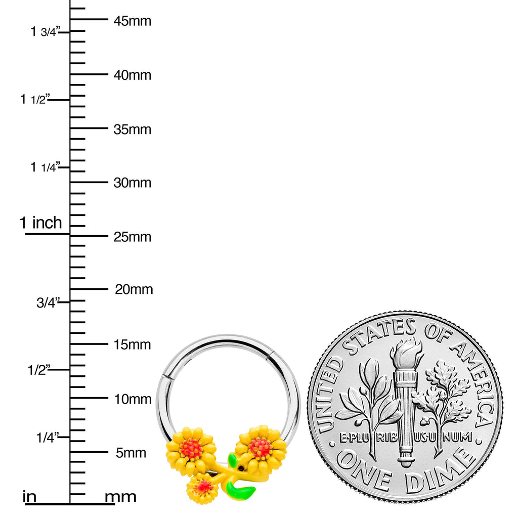 BodyCandy 16G 3/8 Happy Yellow Sunflower Trio Hinged Segment Ring — lifestyle context