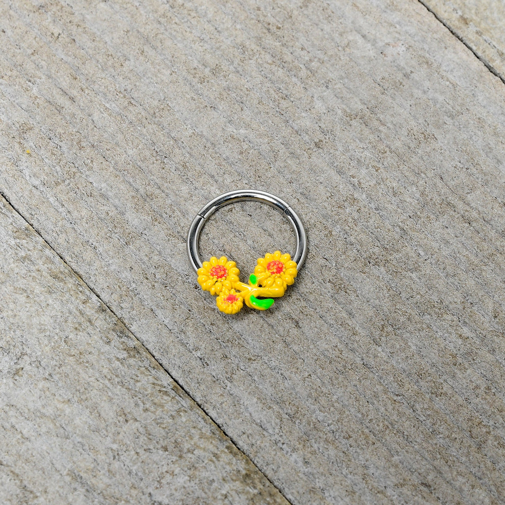 BodyCandy 16G 3/8 Happy Yellow Sunflower Trio Hinged Segment Ring — side view