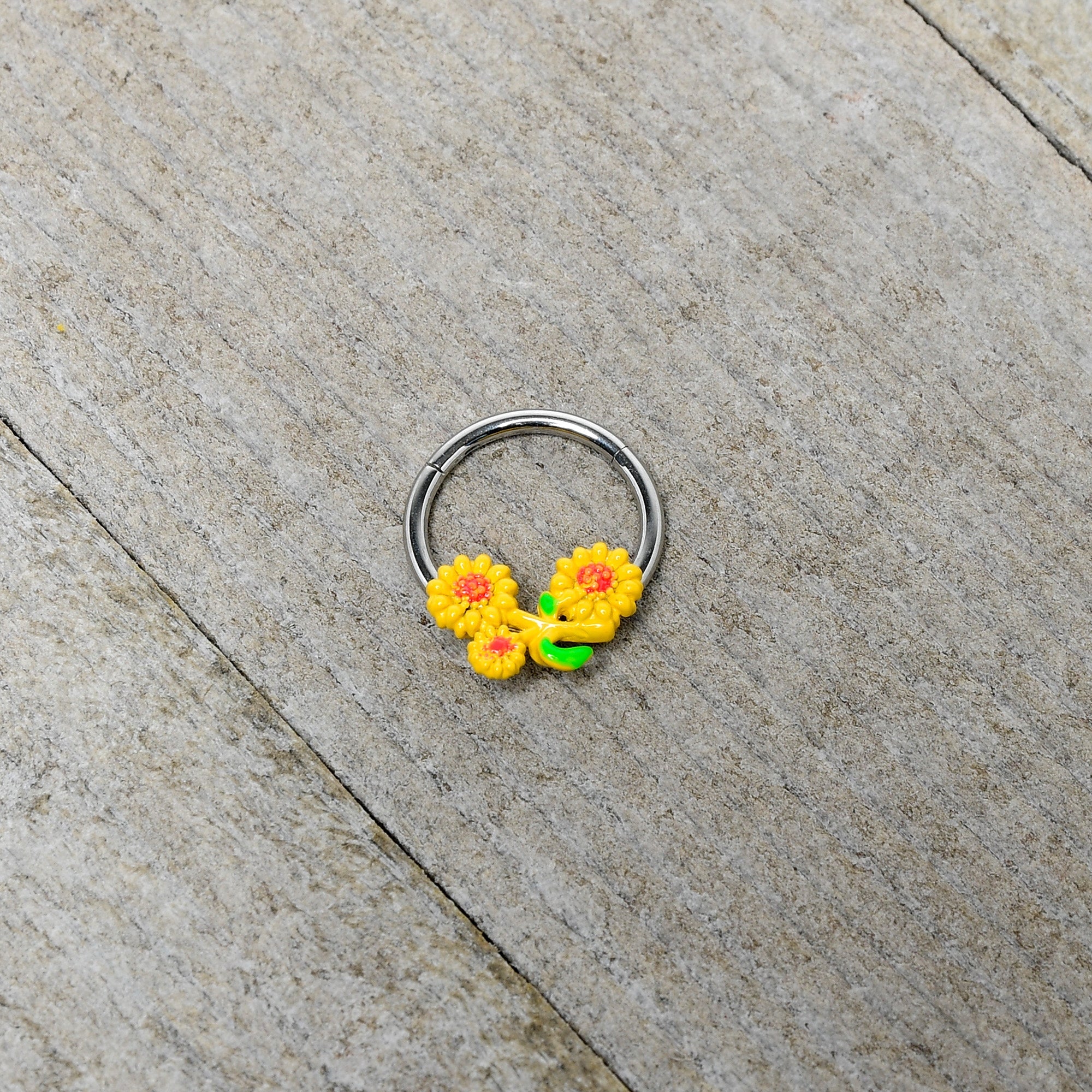 BodyCandy 16G 3/8 Happy Yellow Sunflower Trio Hinged Segment Ring — side view