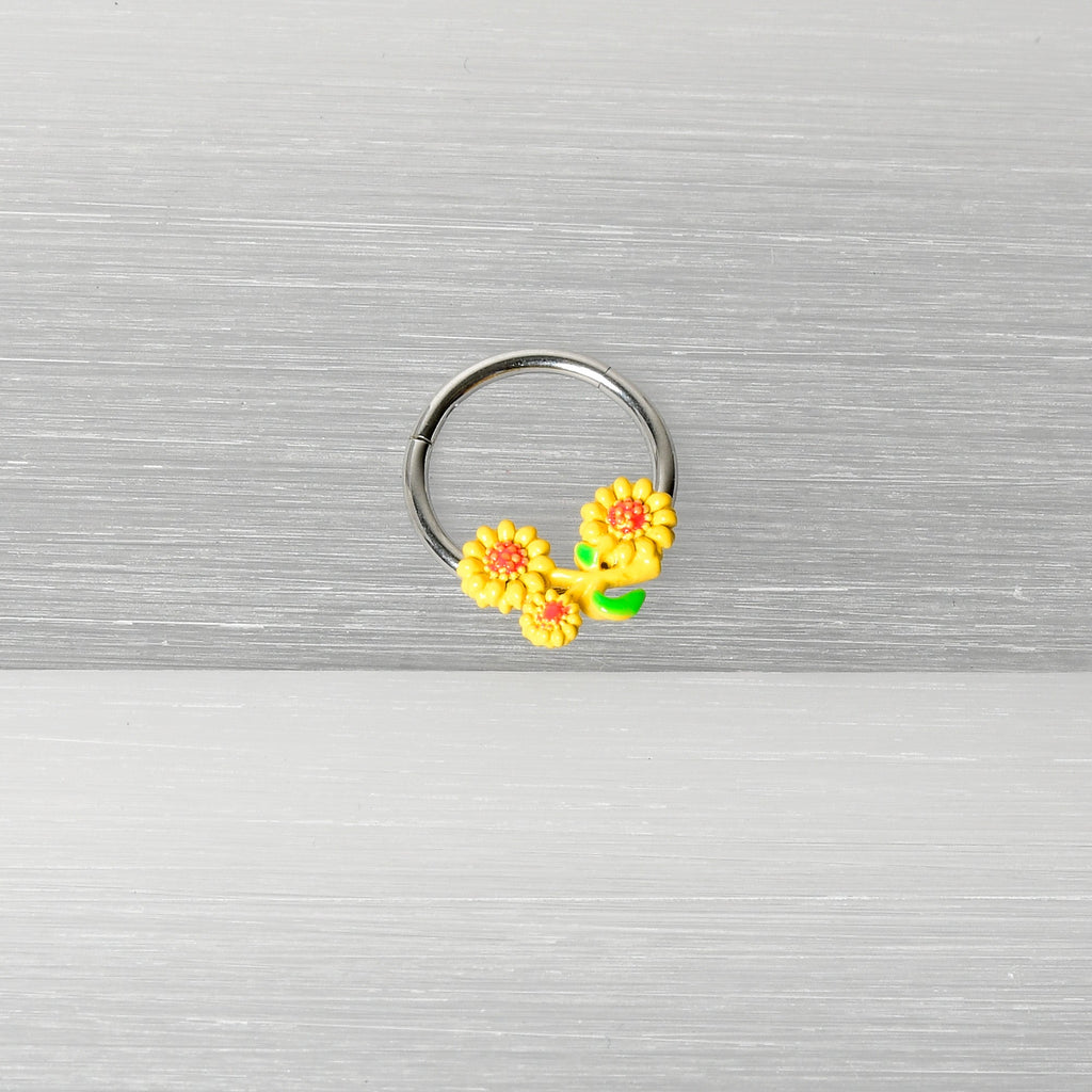 BodyCandy 16G 3/8 Happy Yellow Sunflower Trio Hinged Segment Ring — back view