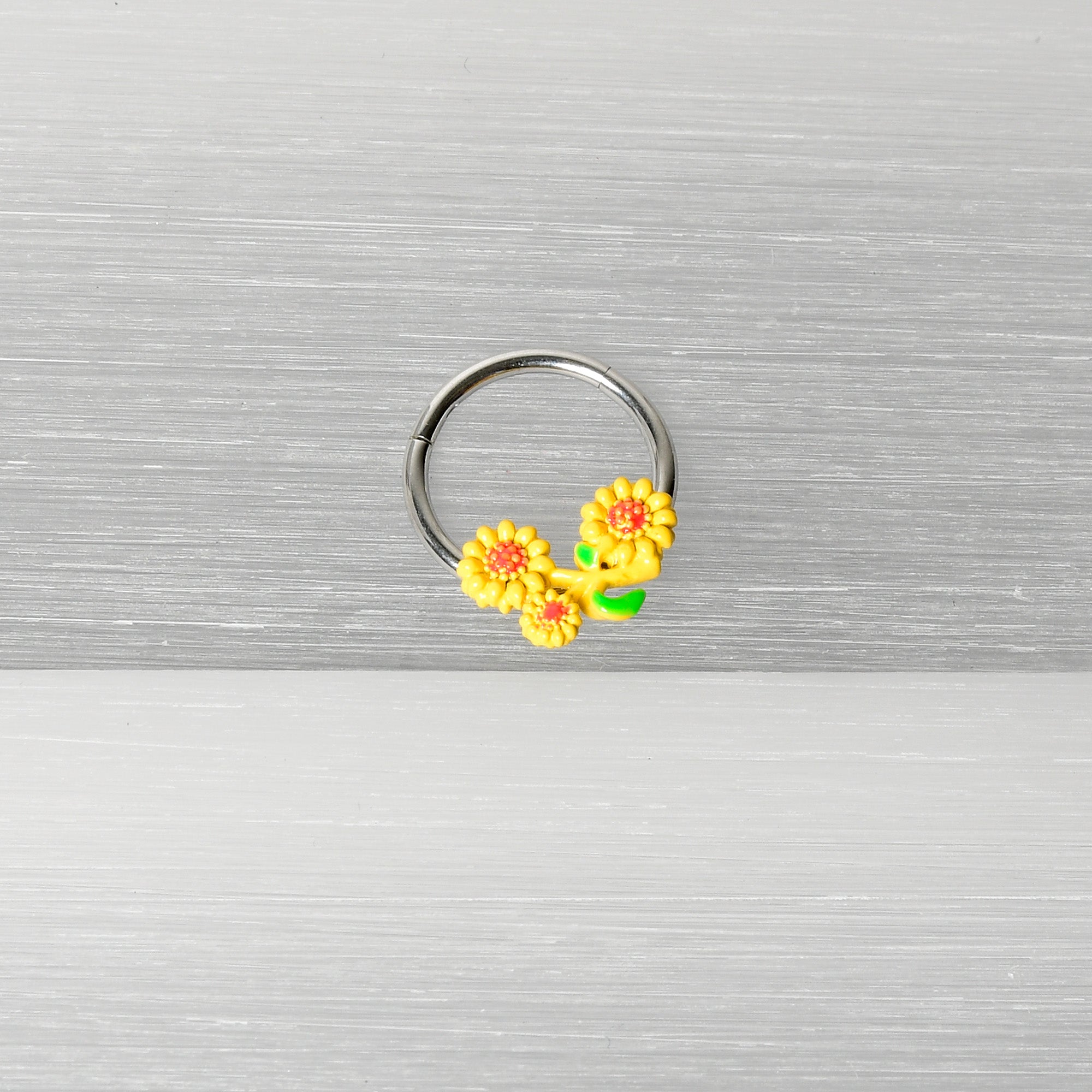 BodyCandy 16G 3/8 Happy Yellow Sunflower Trio Hinged Segment Ring — back view