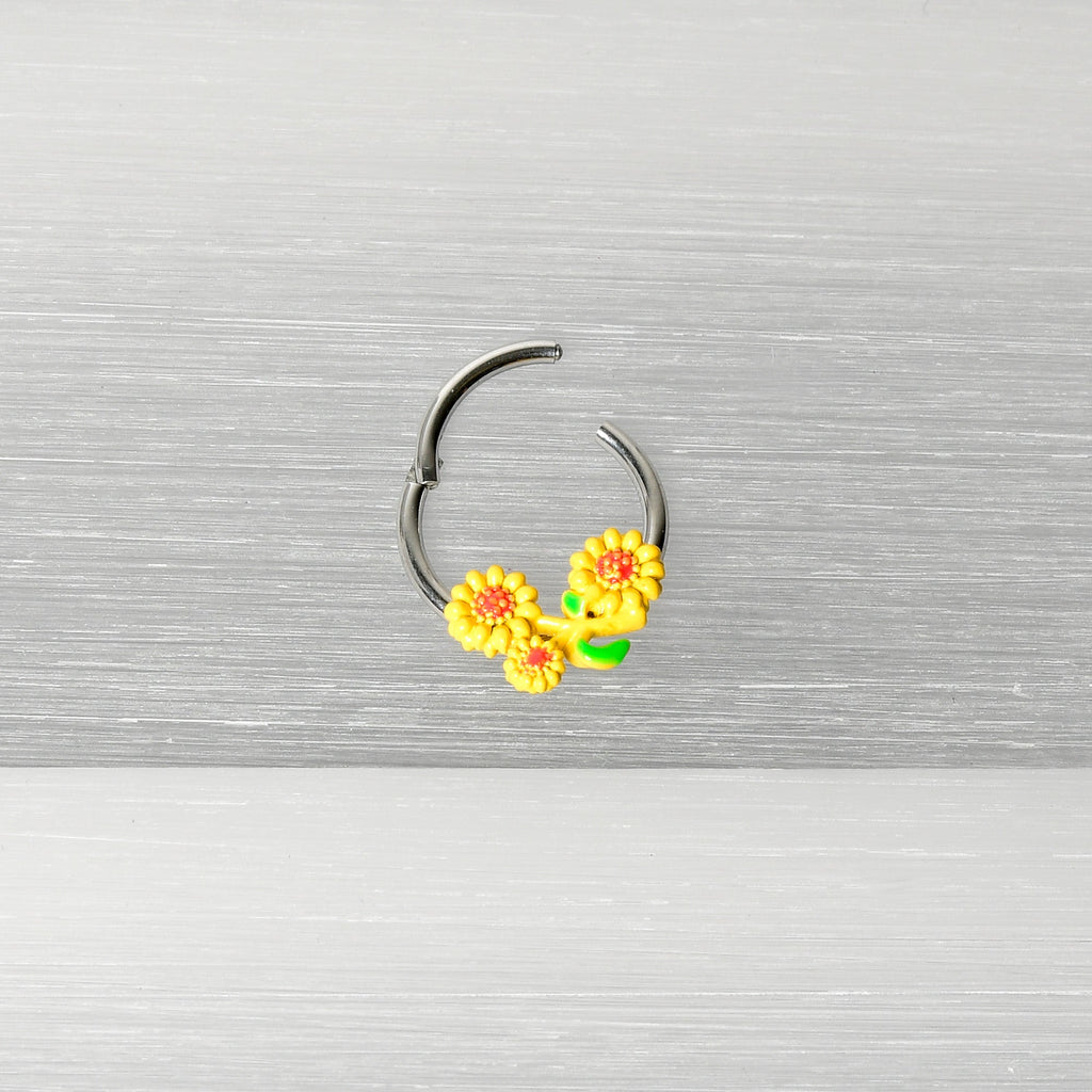 BodyCandy 16G 3/8 Happy Yellow Sunflower Trio Hinged Segment Ring — alternative angle