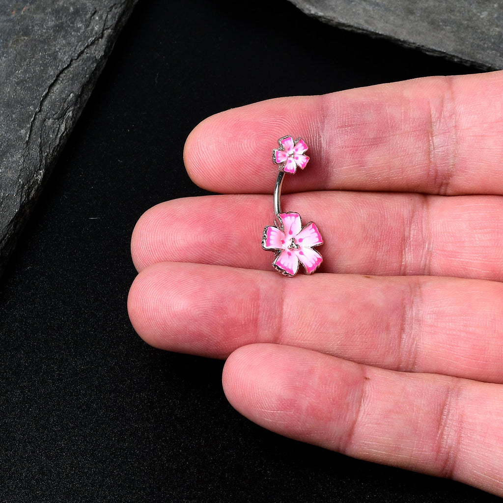 BodyCandy Pink Flower Textured Center Double Mount Belly Ring — detail close-up
