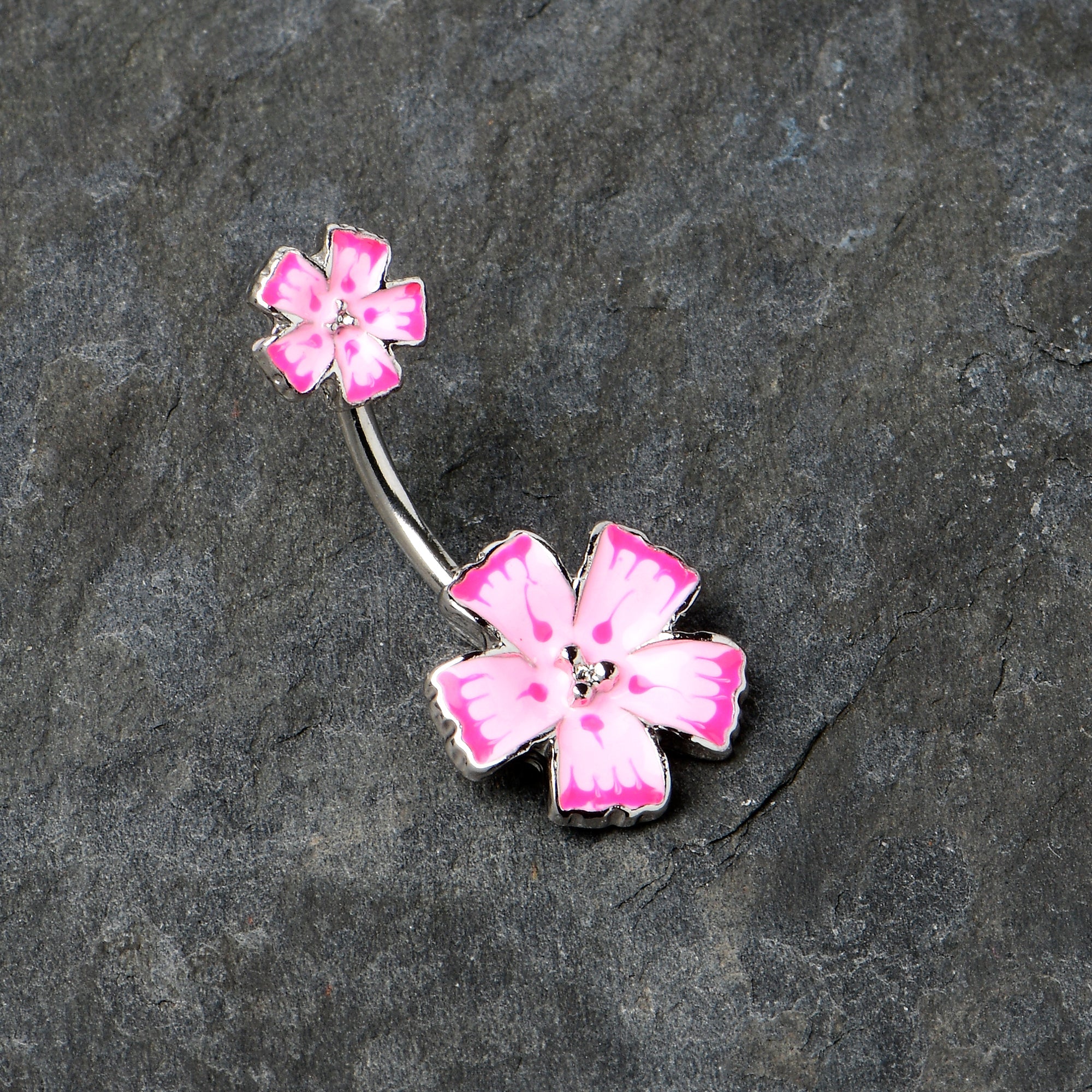 BodyCandy Pink Flower Textured Center Double Mount Belly Ring — side view