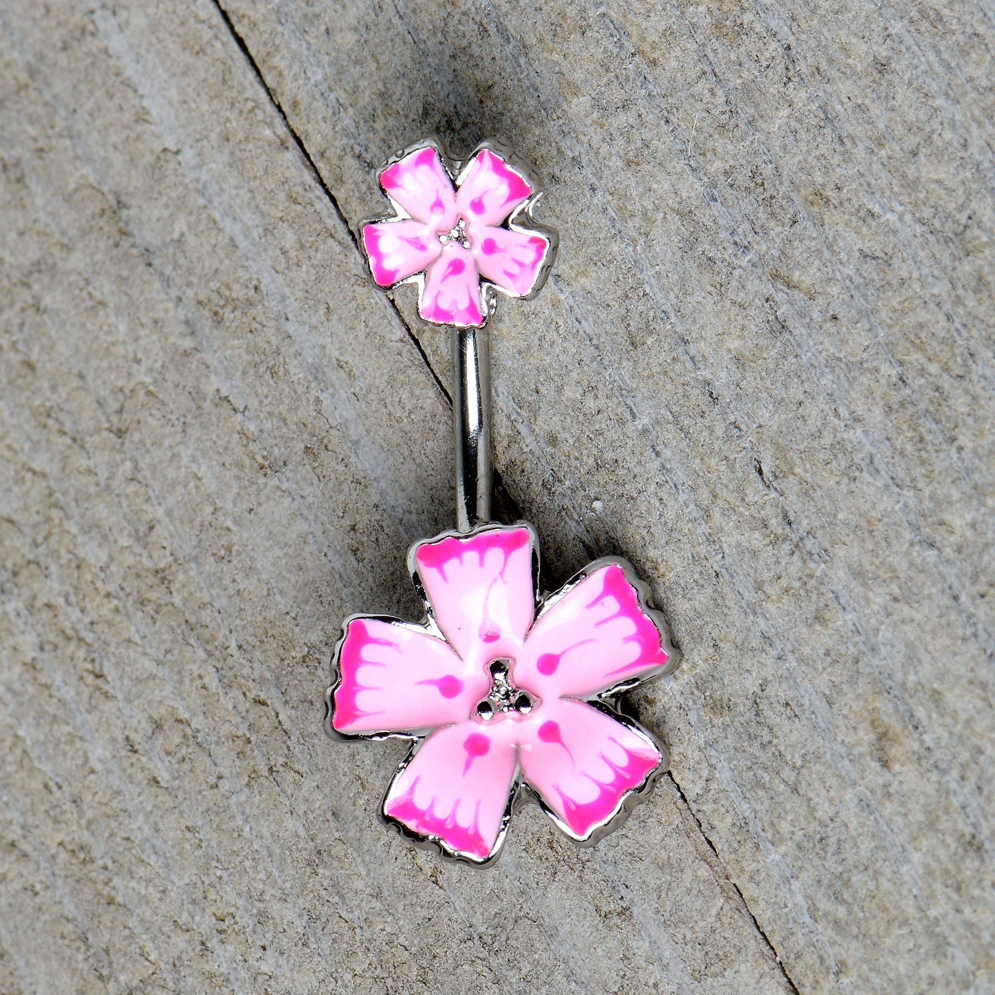 BodyCandy Pink Flower Textured Center Double Mount Belly Ring — back view