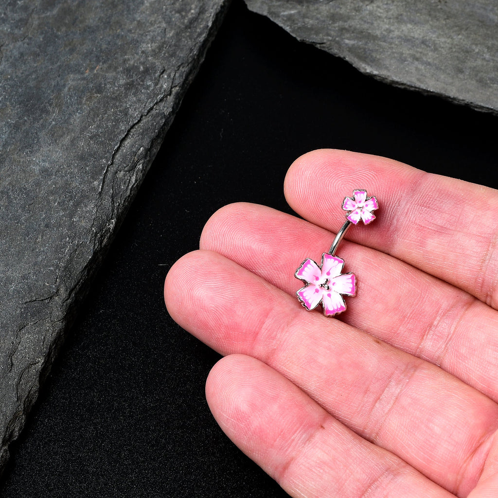 BodyCandy Pink Flower Textured Center Double Mount Belly Ring — in-use photo