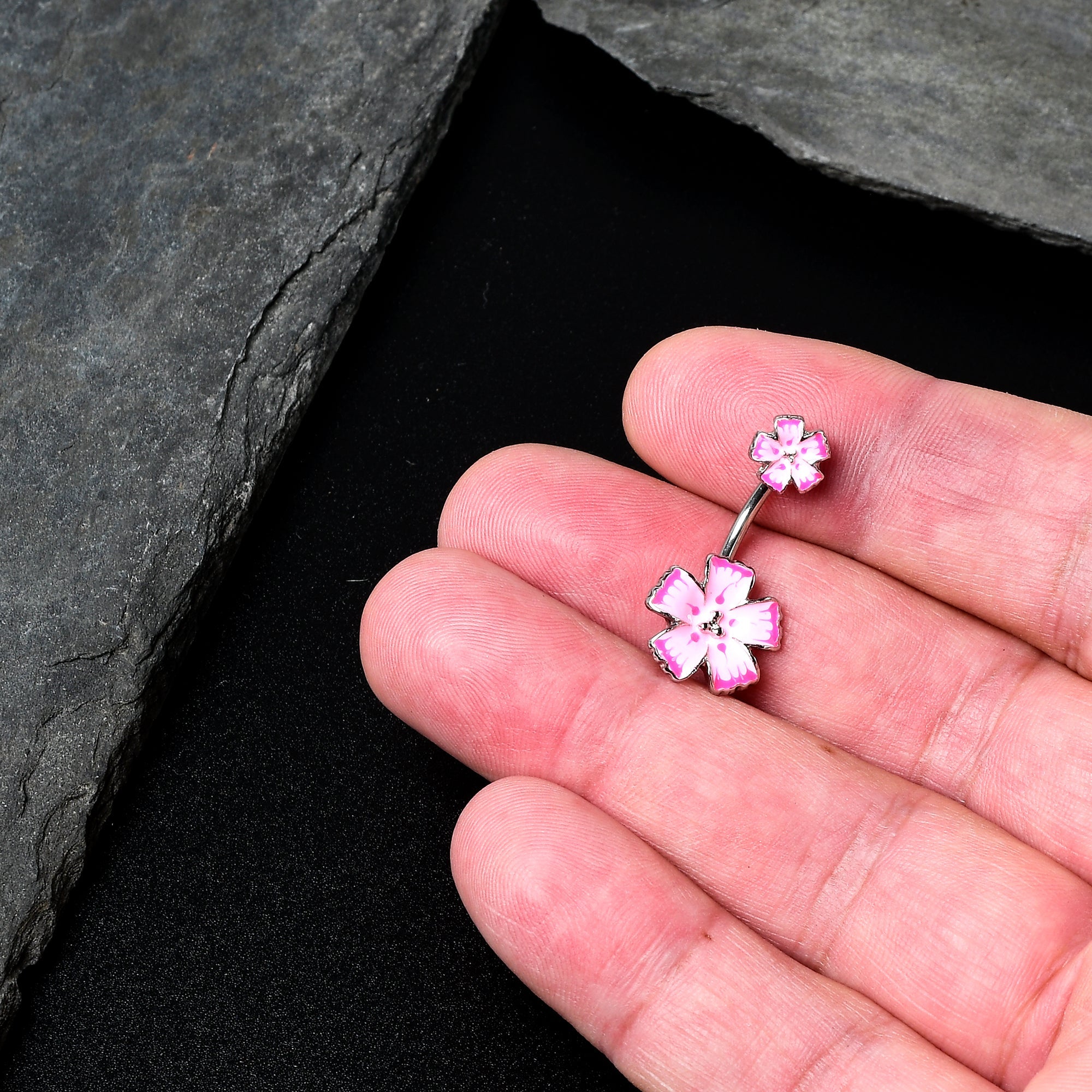 BodyCandy Pink Flower Textured Center Double Mount Belly Ring — in-use photo