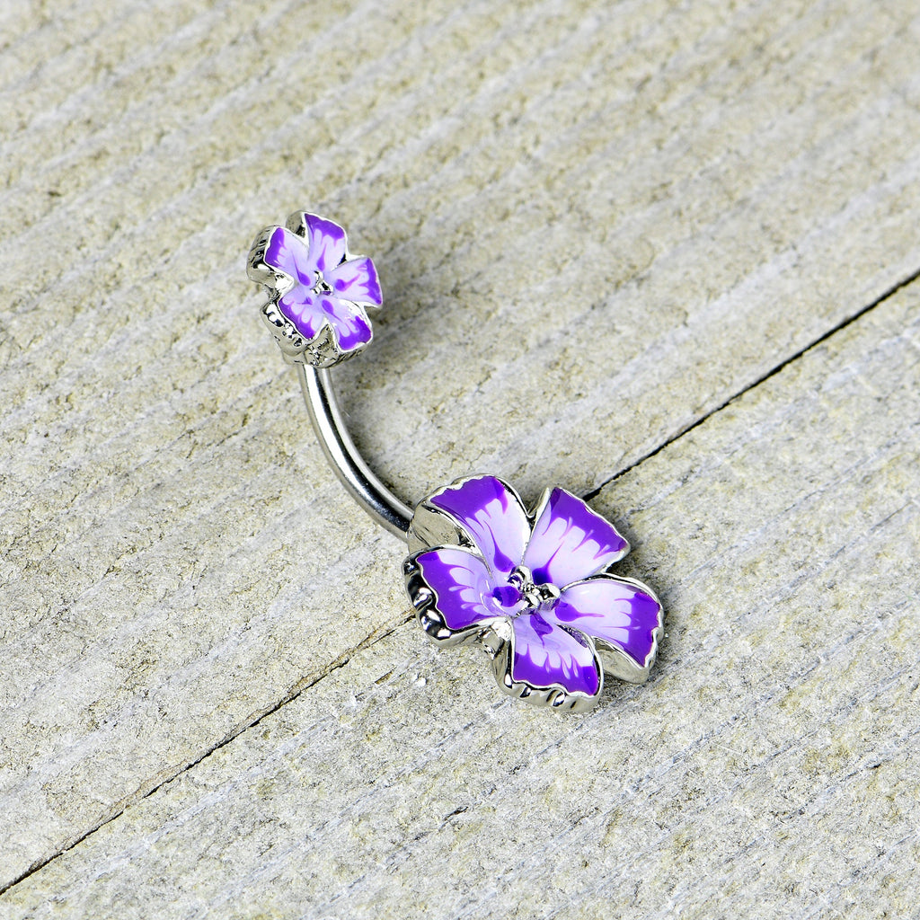 BodyCandy Purple Flower Textured Center Double Mount Belly Ring — back view